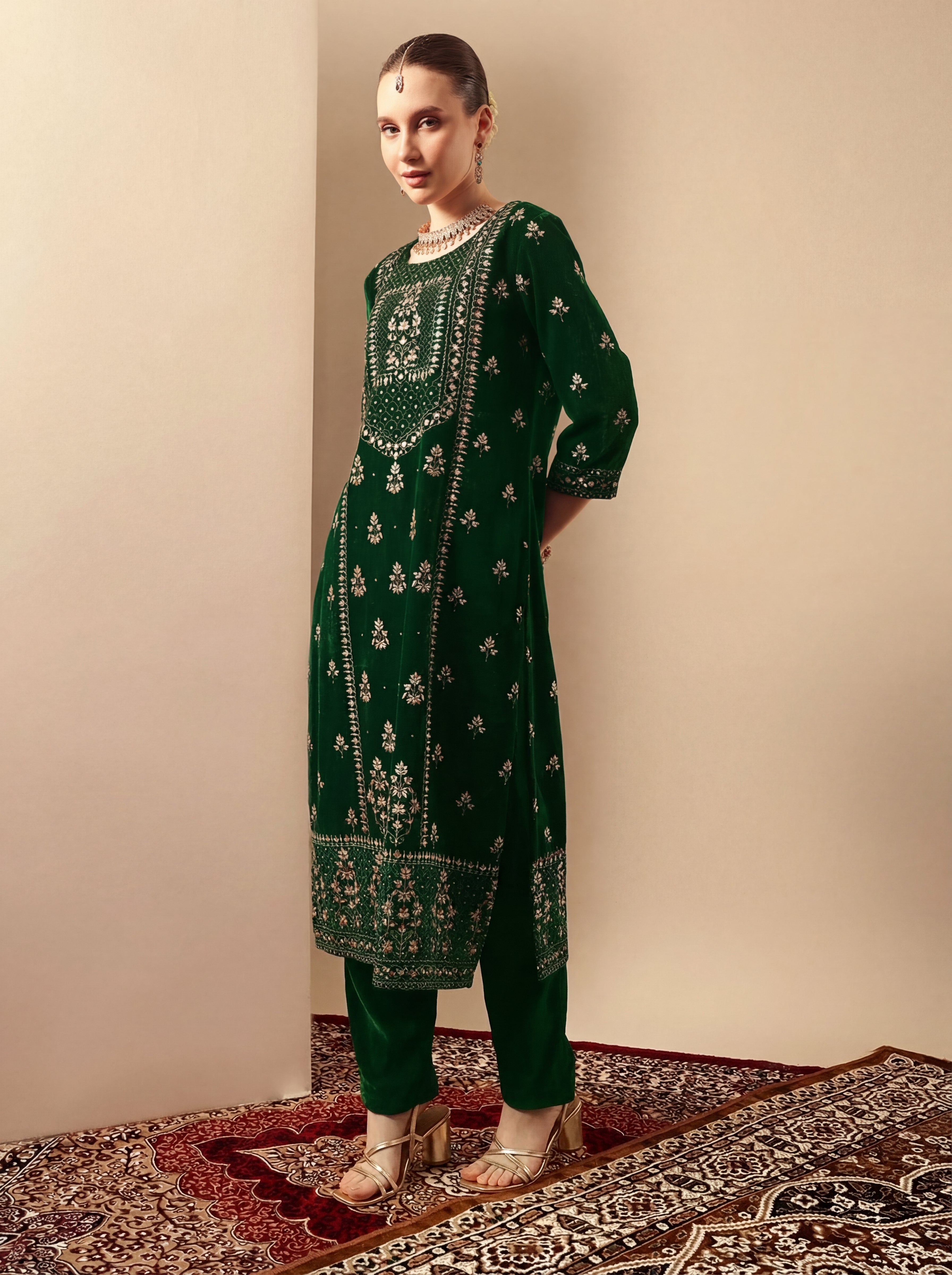 Rich Green Velvet Gold Print Straight Kurta sets with dupatta