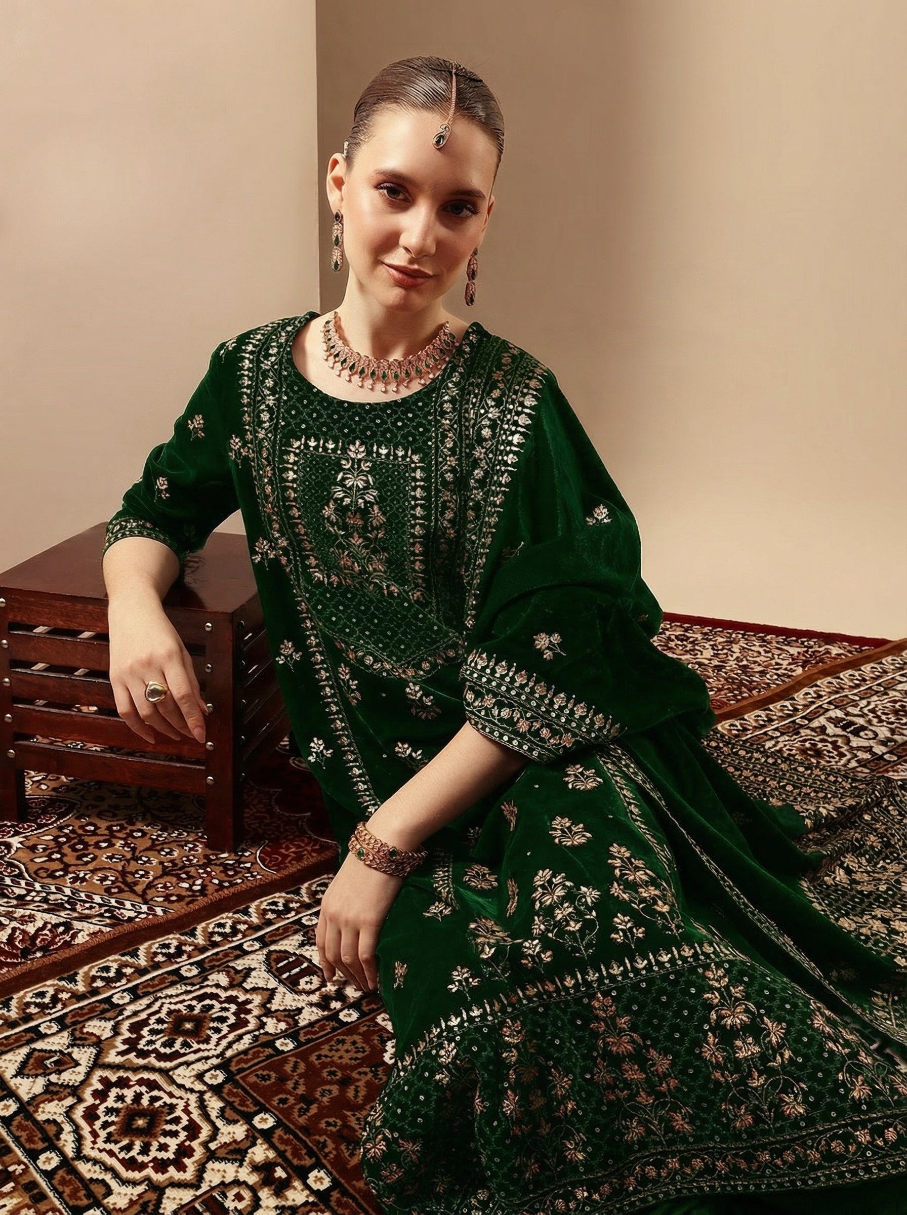 Rich Green Velvet Gold Print Straight Kurta sets with dupatta