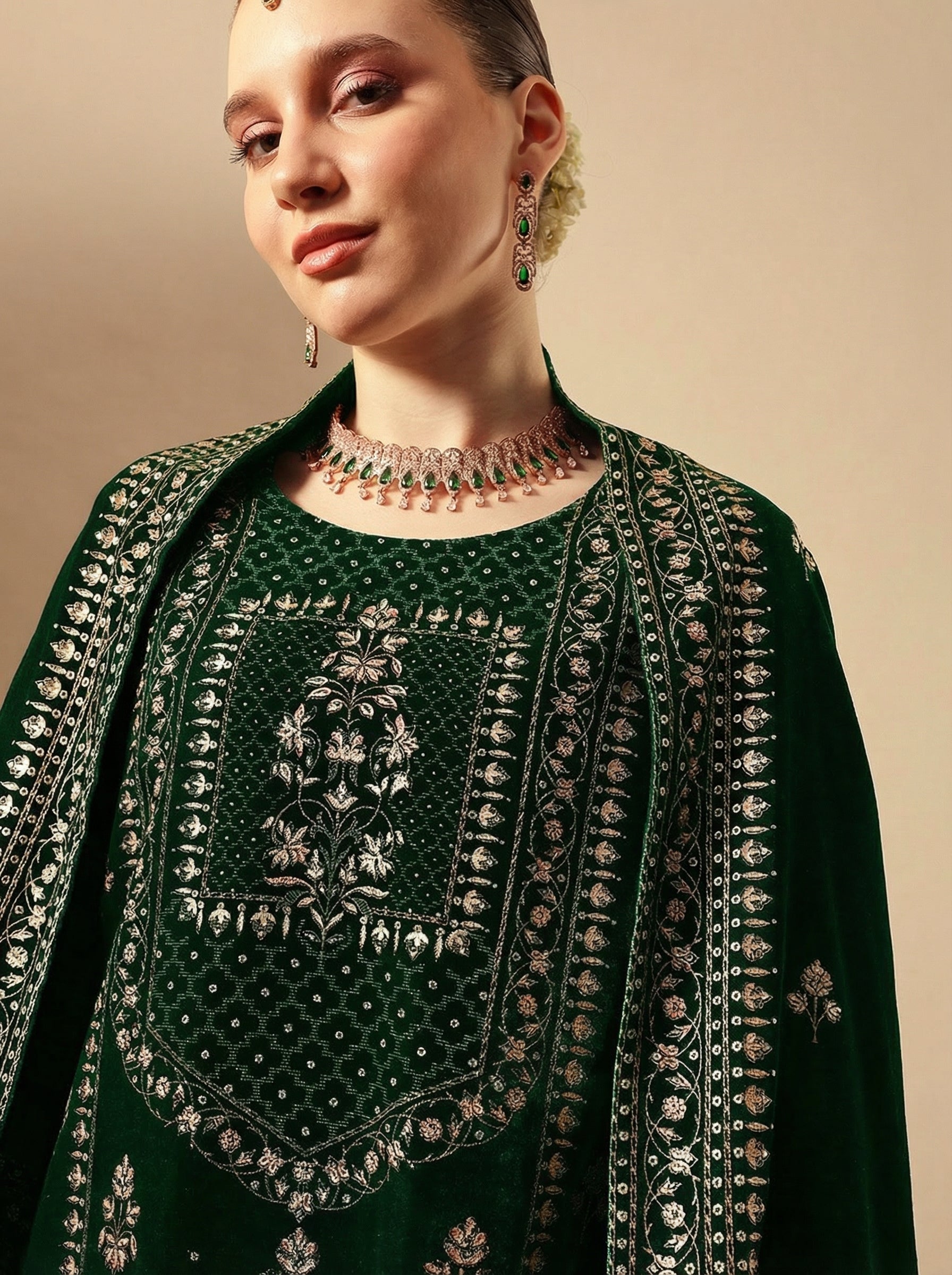 Rich Green Velvet Gold Print Straight Kurta sets with dupatta