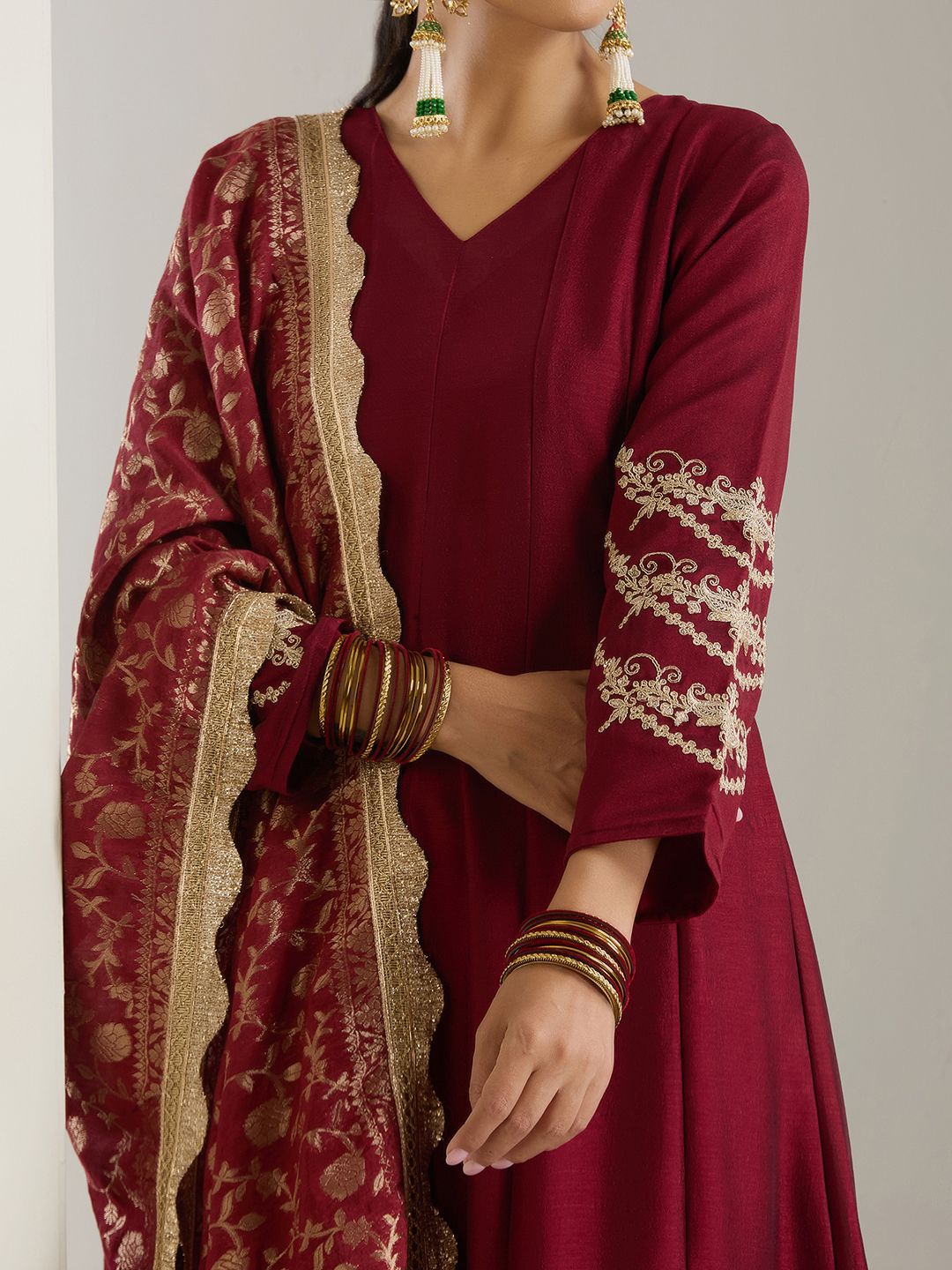 Rich Blended Burgundy Zari Embroidered Anarkali Dress With Brocade Dupatta And Latkhans