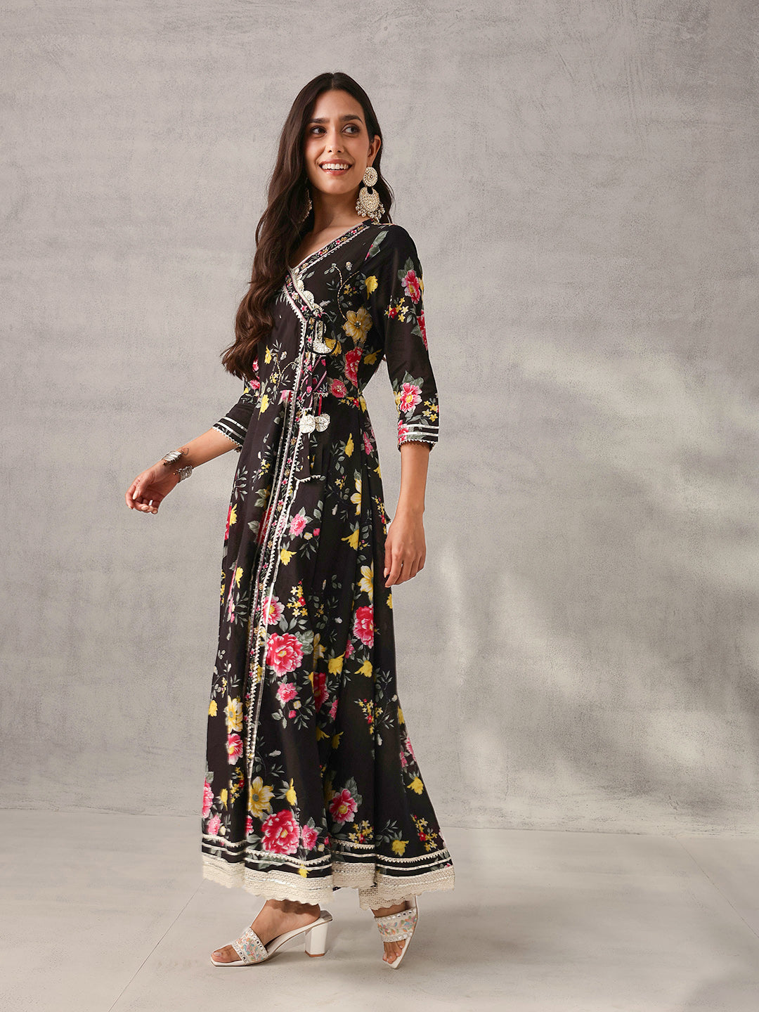 Graceful Black Cotton Floral Printed Angrakha fit Kurta Set with Dupatta