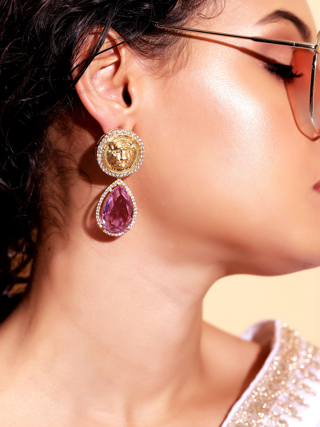 Ishin Purple  Colour Gold Plated AD Drop Earring