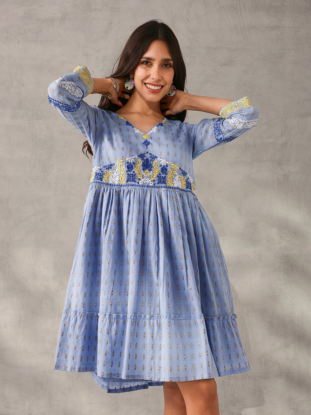 Comfy blue Cotton Dobby Embroidered Regular Fit Dress