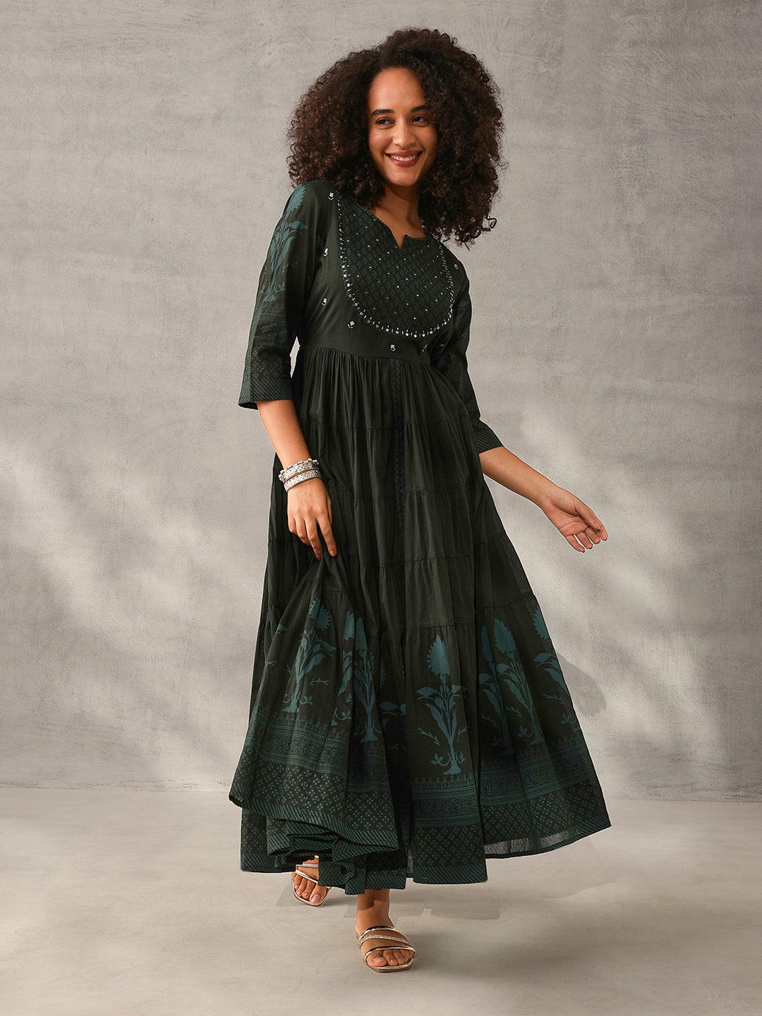 Graceful Green Cotton Printed with Embroidered Fit & Flare Gown