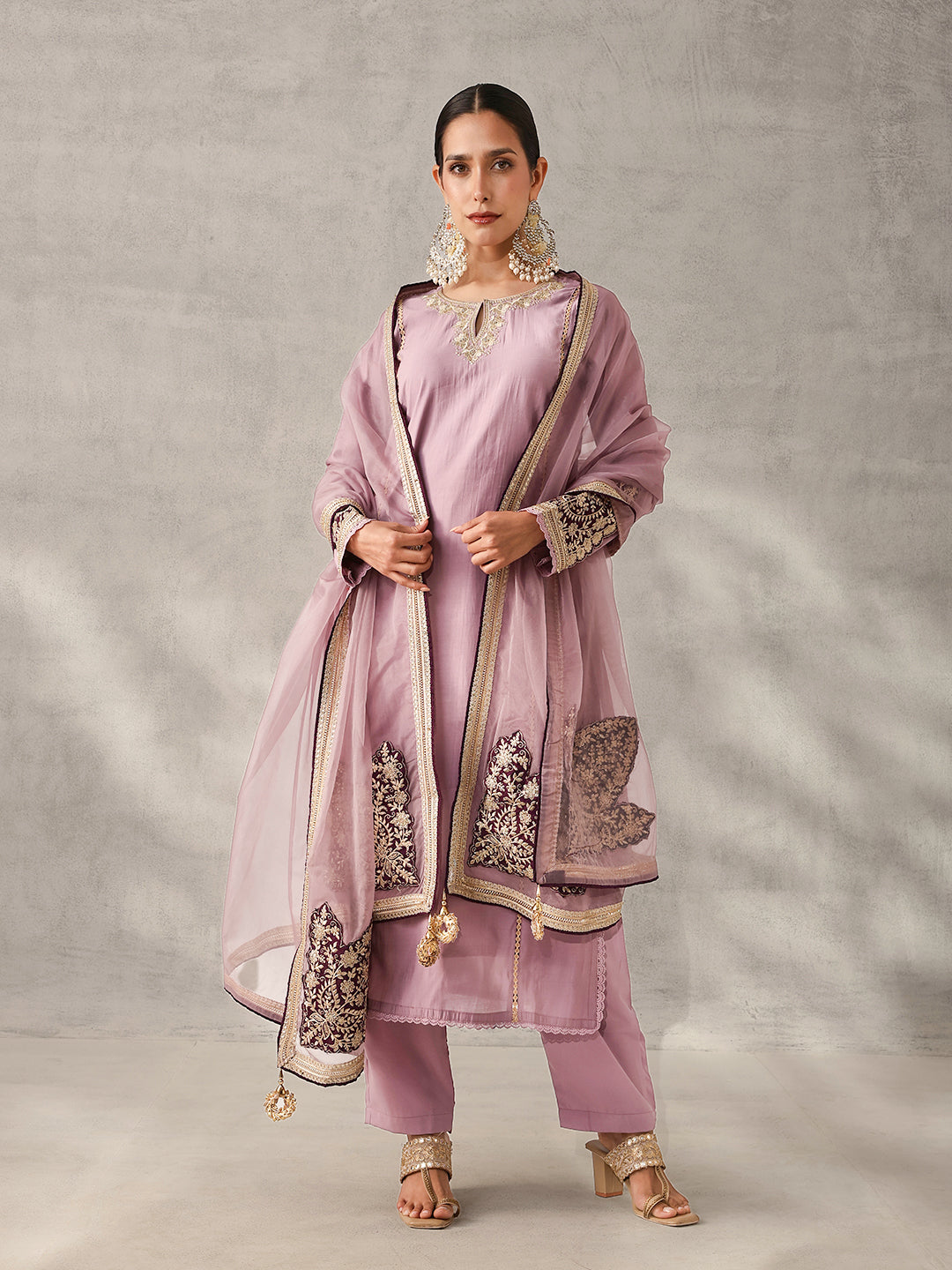 Rich Lilac Roman Silk Zari Embroidered Straight Fit Kurta Set with Dupatta