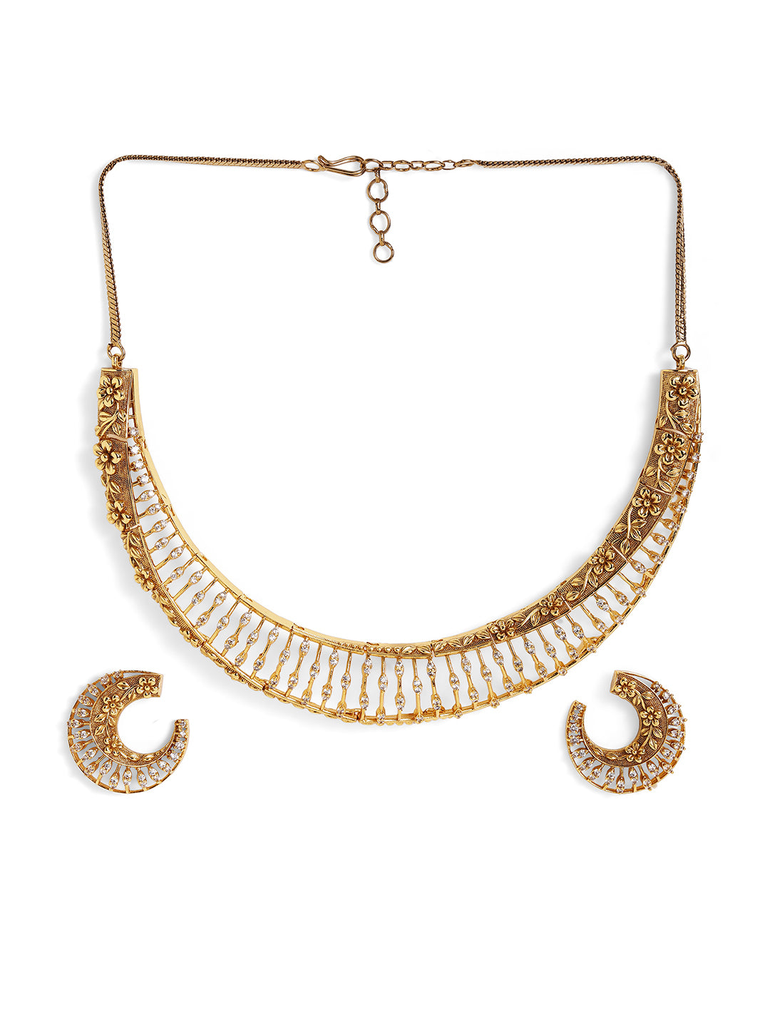 Ishin Floral Style Gold Plated Green Stoned Necklace Stud Earrings Jewellery Set