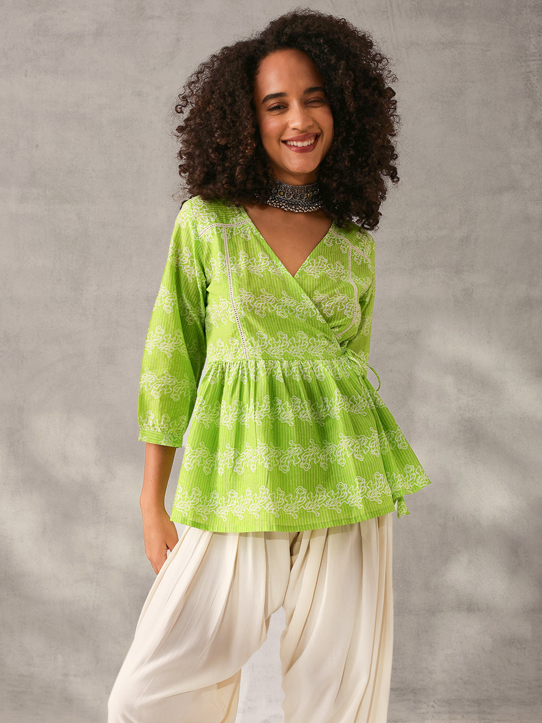 Comfy Green Cotton Printed Angrakha fit Top