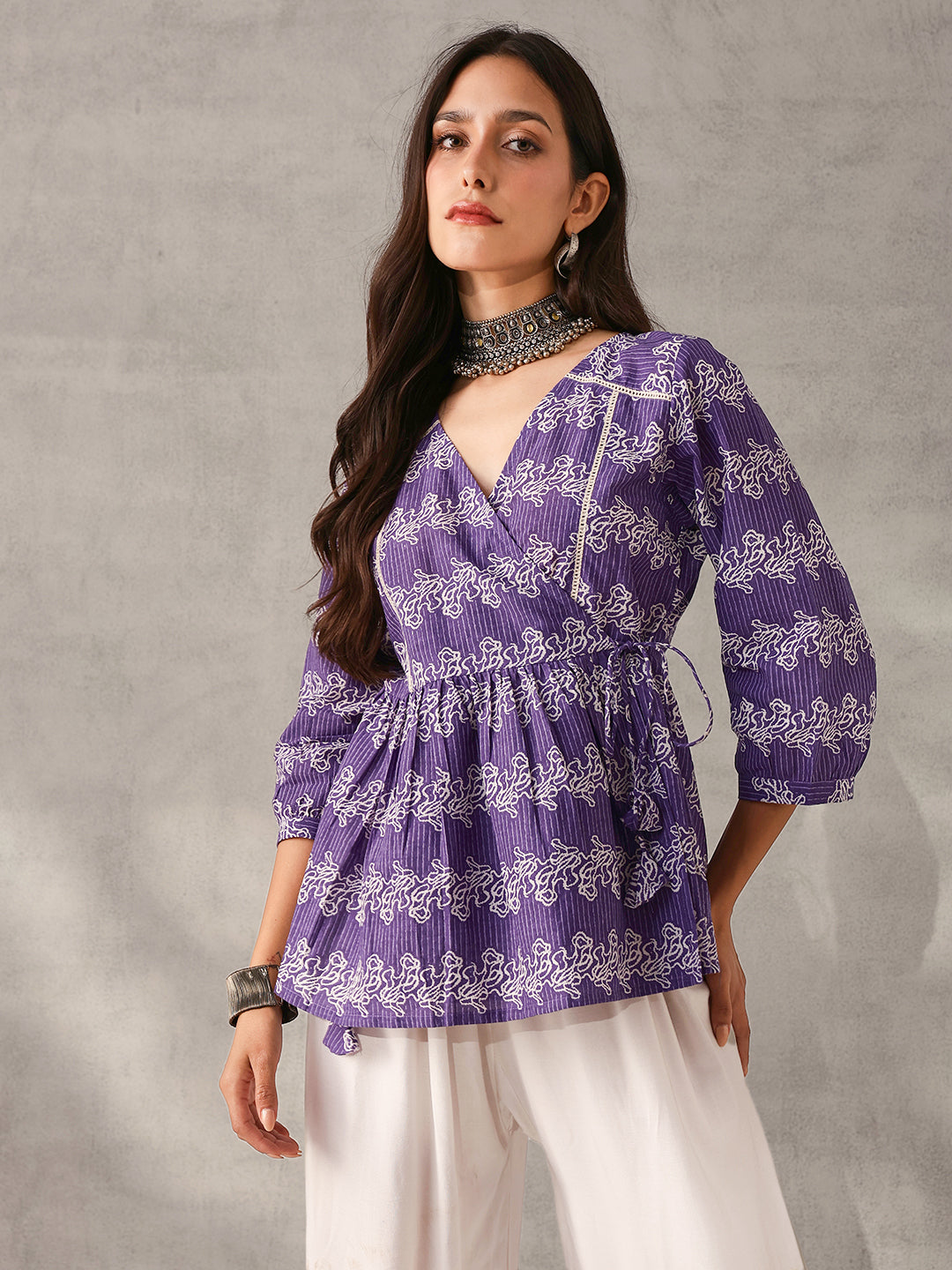 Comfy Purple Cotton Printed Angrakha fit Top