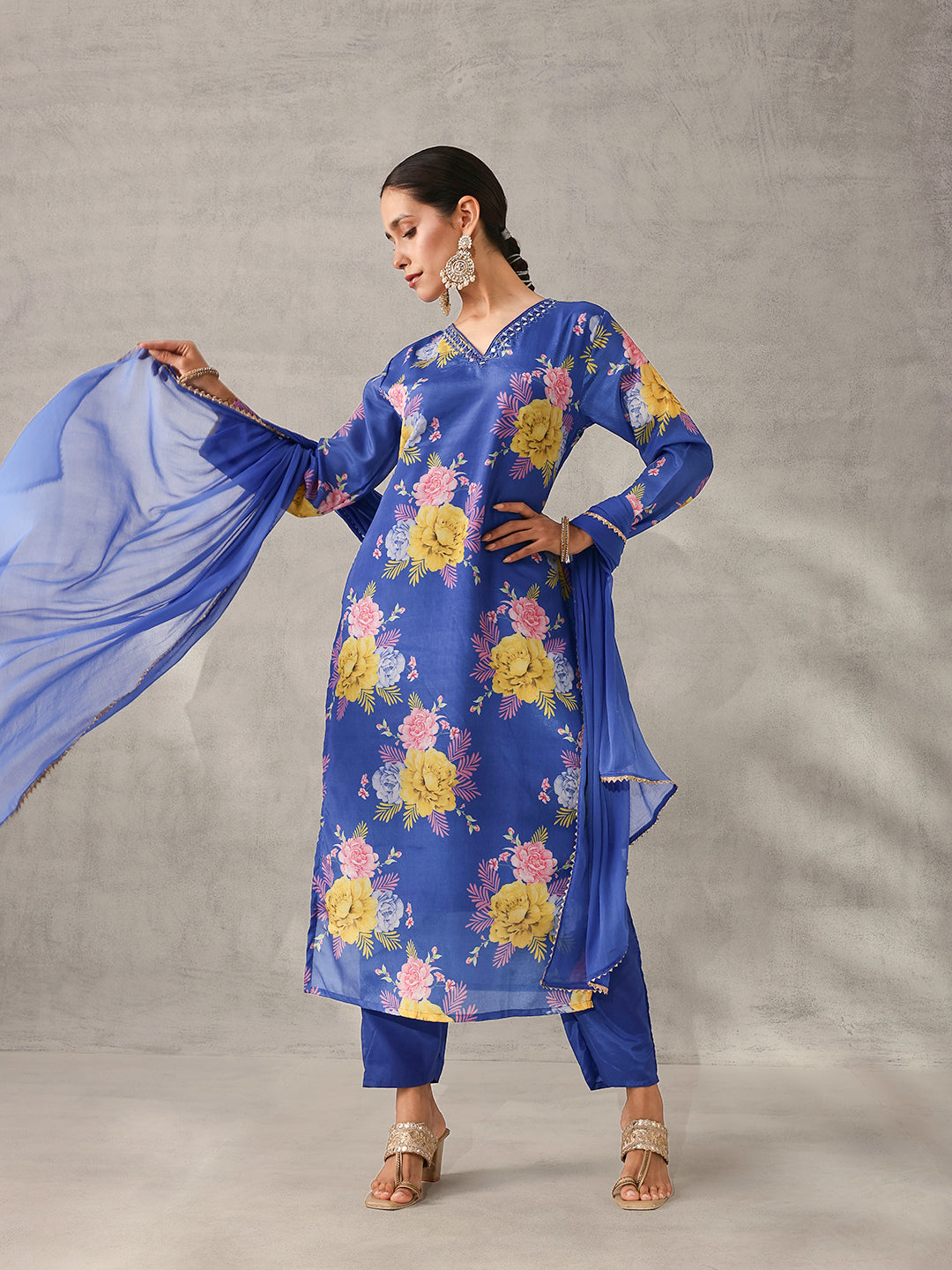 Soft Blue Chinon Floral Printed straight fit Kurta Set with Dupatta