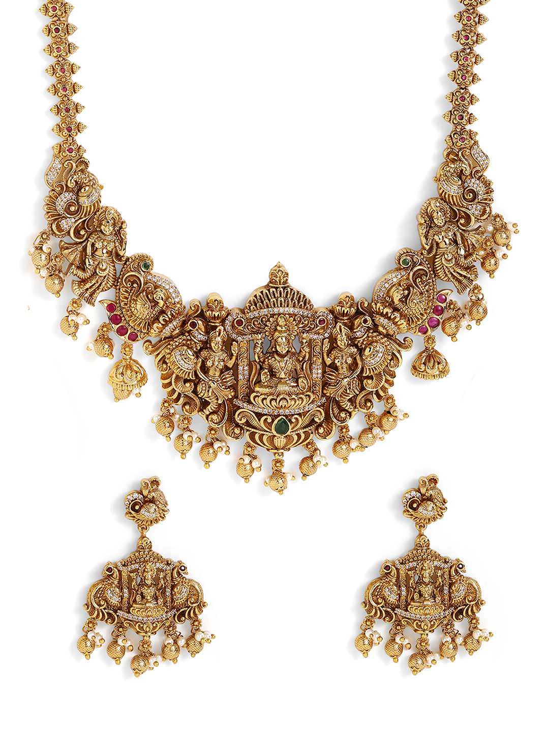 Ishin Green Stoned Goddess Pattern Pearl Beads Gold Plated Necklace and Drop Earrings Jewellery Set