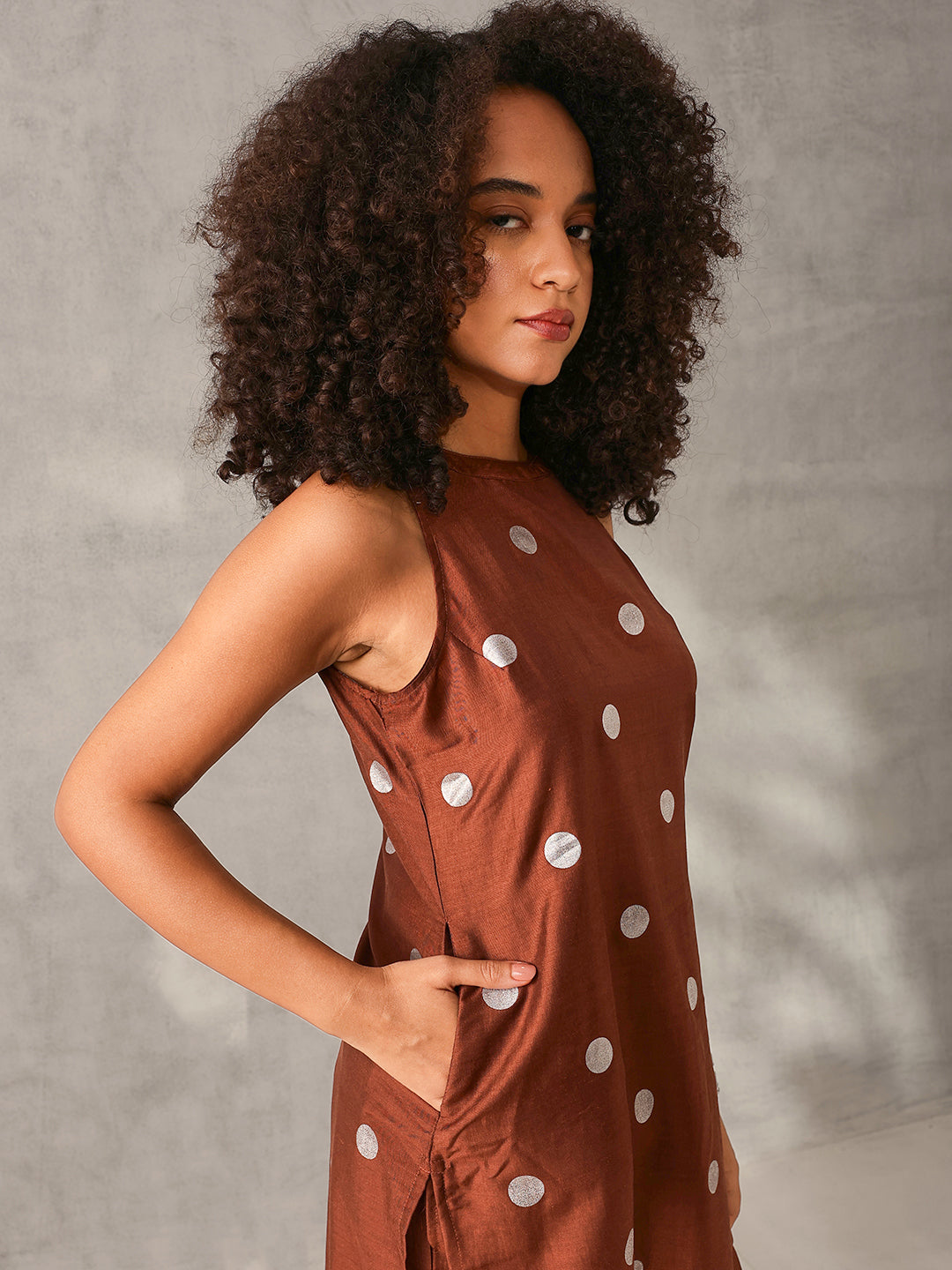 Soft Brown Chinon Foil Printed Straight Fit Kurta Set