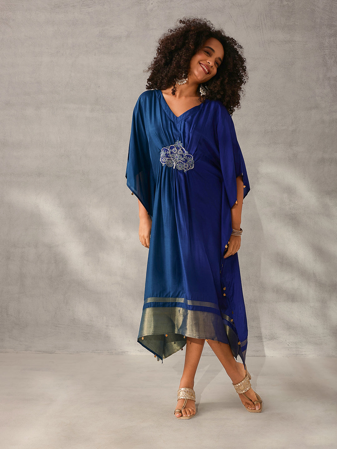 Rich Blue Silk Blend Ombre with Embroidered Kaftan