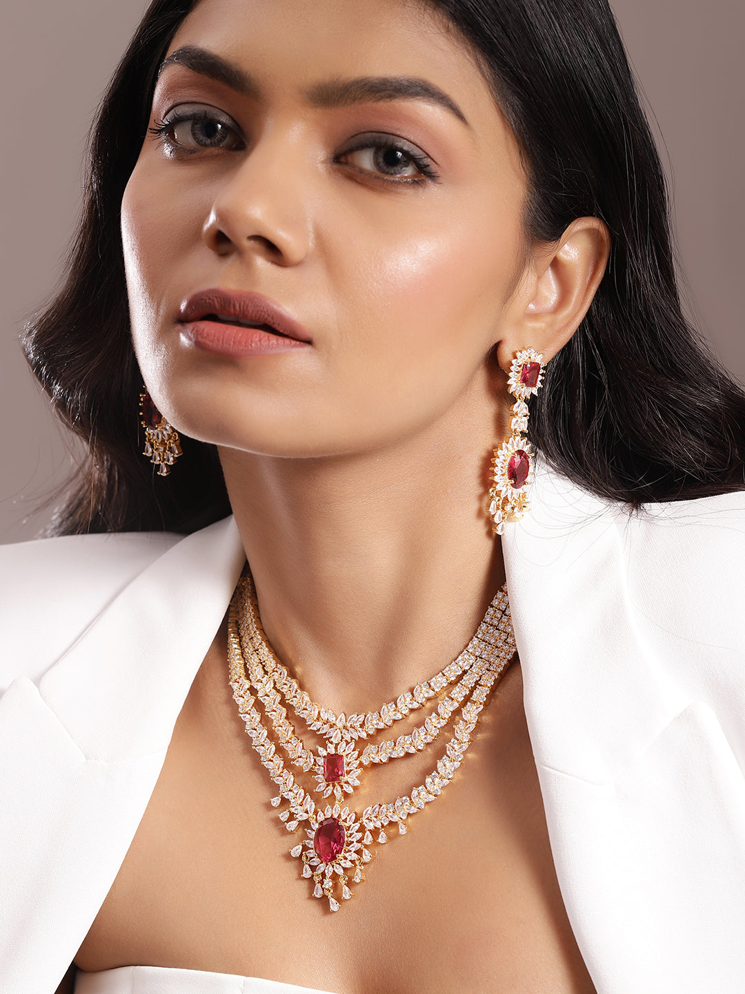 Ishin Red Colour Gold Plated American Diamond Jewellery Set