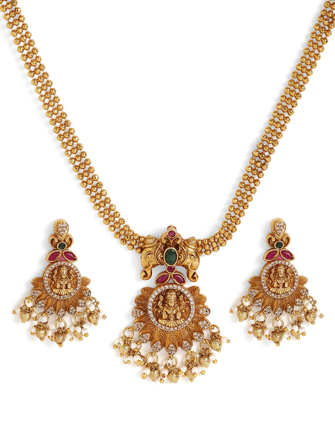 Ishin Floral Type AD Pattern Gold Plated Necklace Drop Earrings Jewellery Set