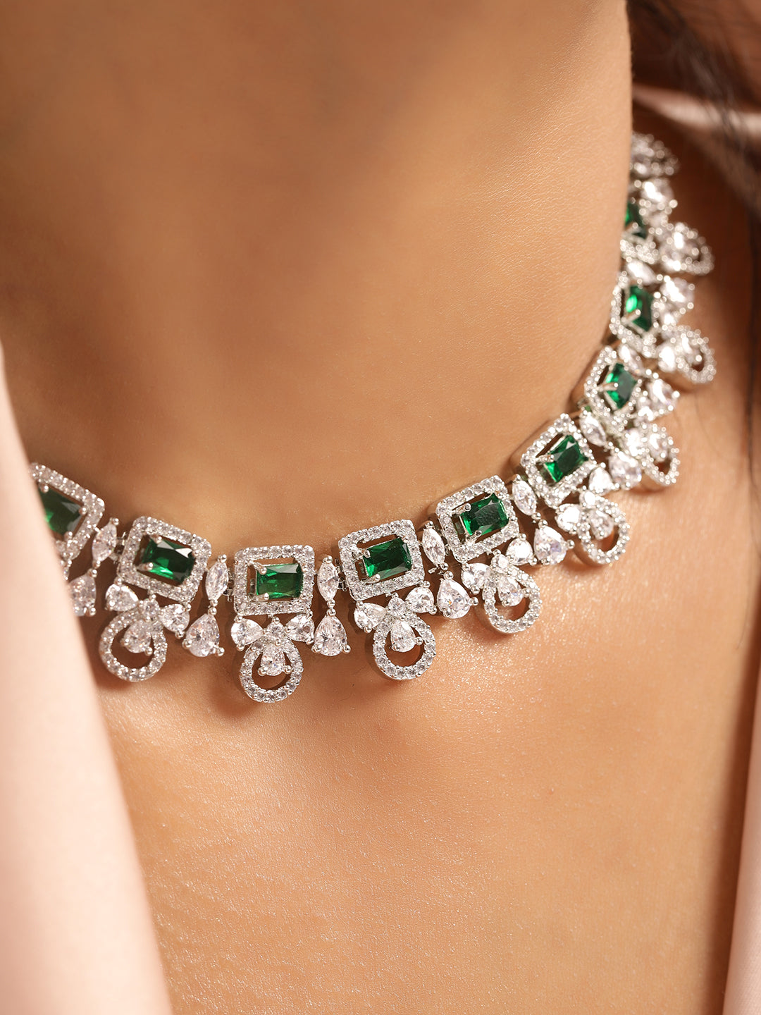 Ishin Green Colour Silver Plated American Diamond Jewellery Set