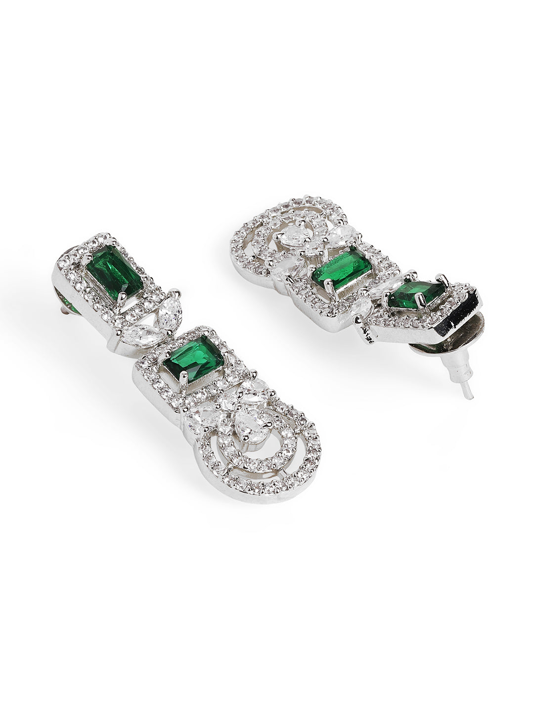 Ishin Green Colour Silver Plated American Diamond Jewellery Set