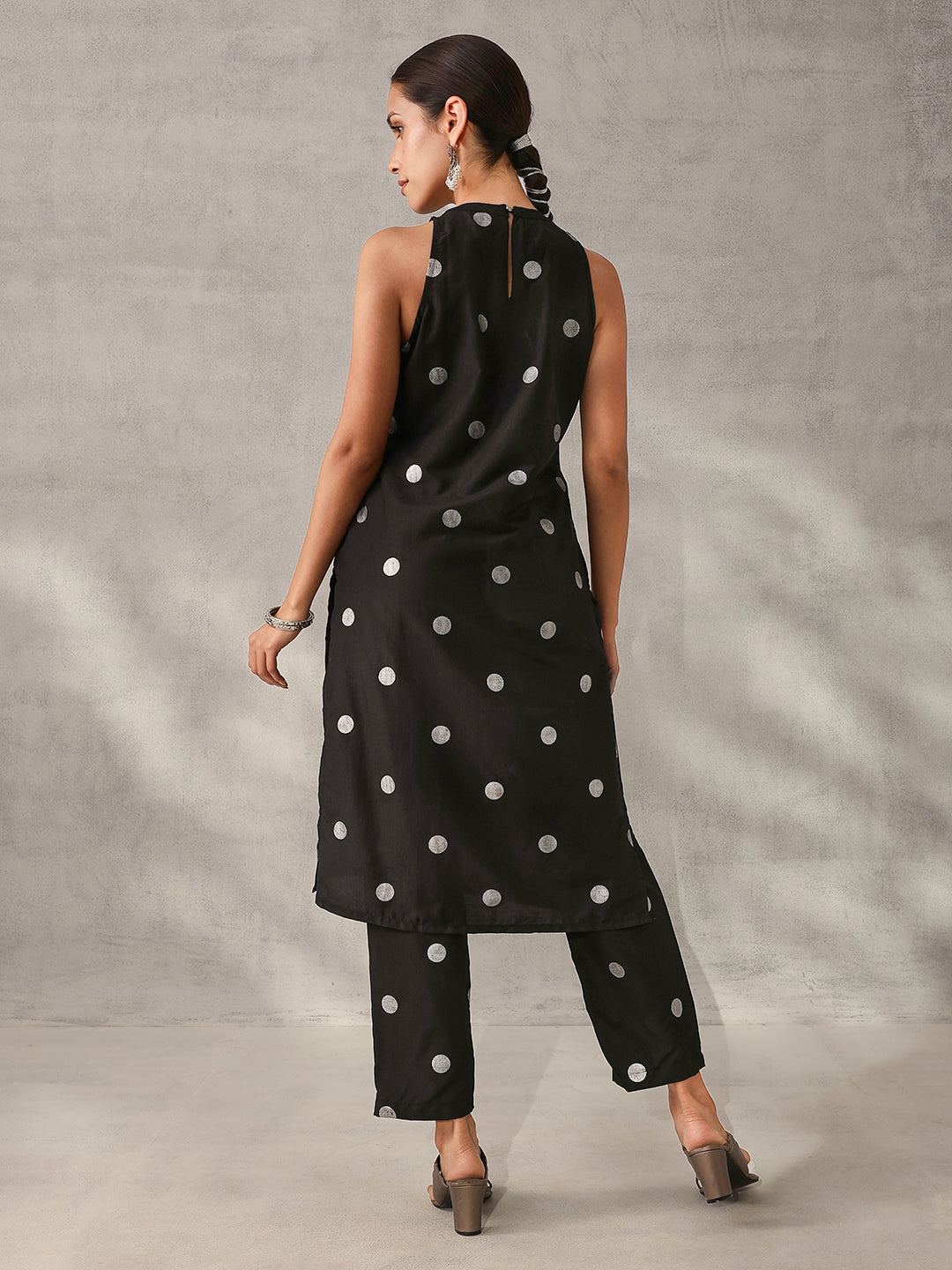 Soft Black Chinon Foil Printed Straight Fit Kurta Set