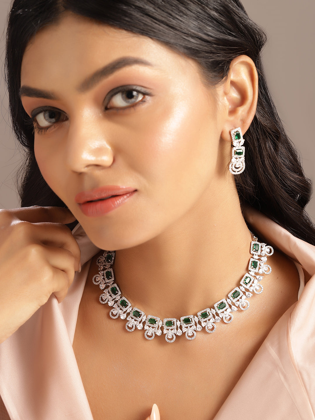 Ishin Green Colour Silver Plated American Diamond Jewellery Set
