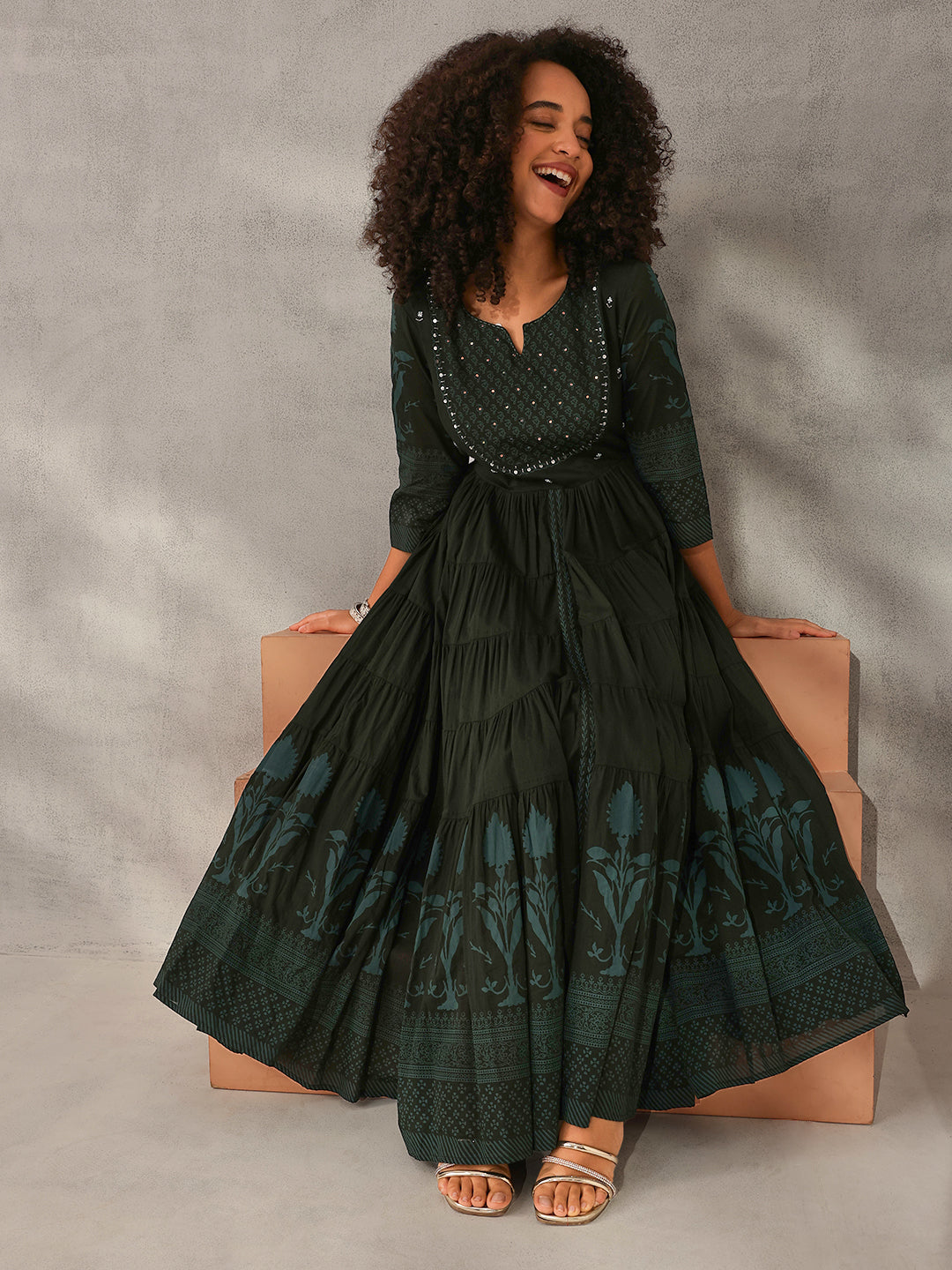 Graceful Green Cotton Printed with Embroidered Fit & Flare Gown