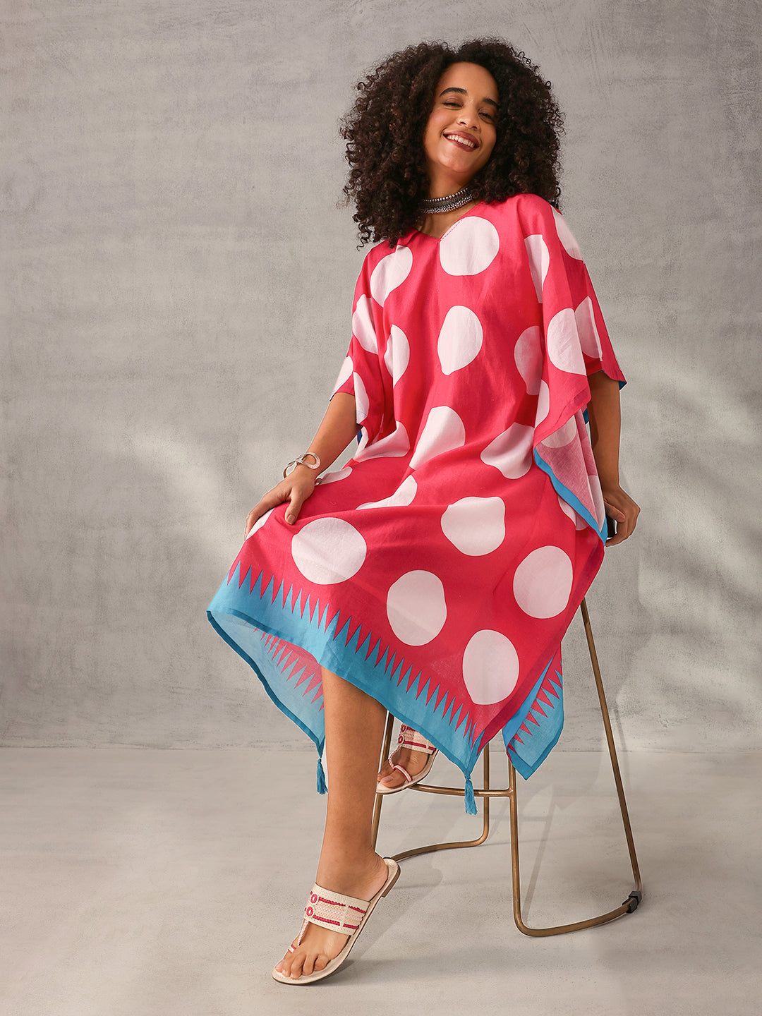 Comfy Pink Cotton Printed Kaftan with tassels