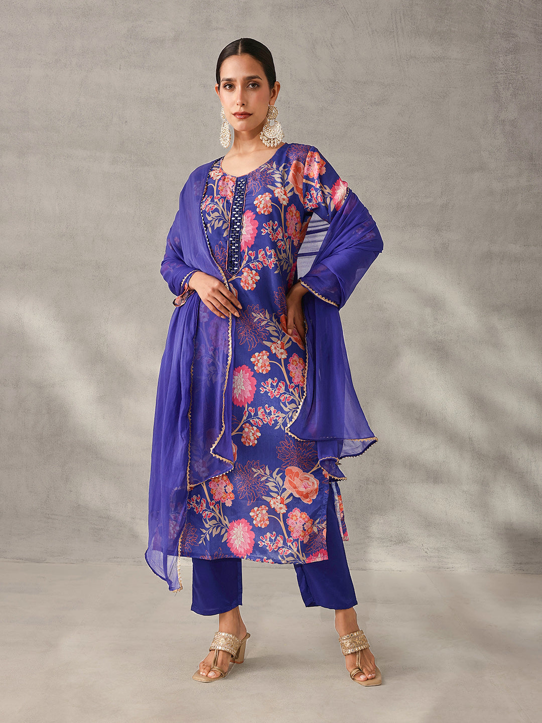 Soft Royal Blue Chinon Floral Printed straight fit Kurta Set with Dupatta