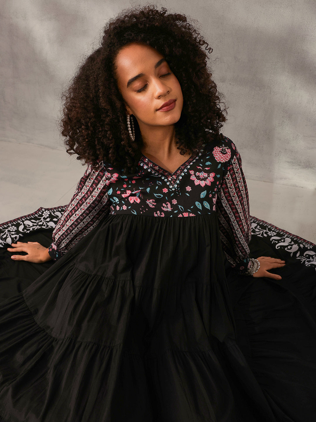 Graceful Black Cotton Floral Printed Tiered fit Gown 