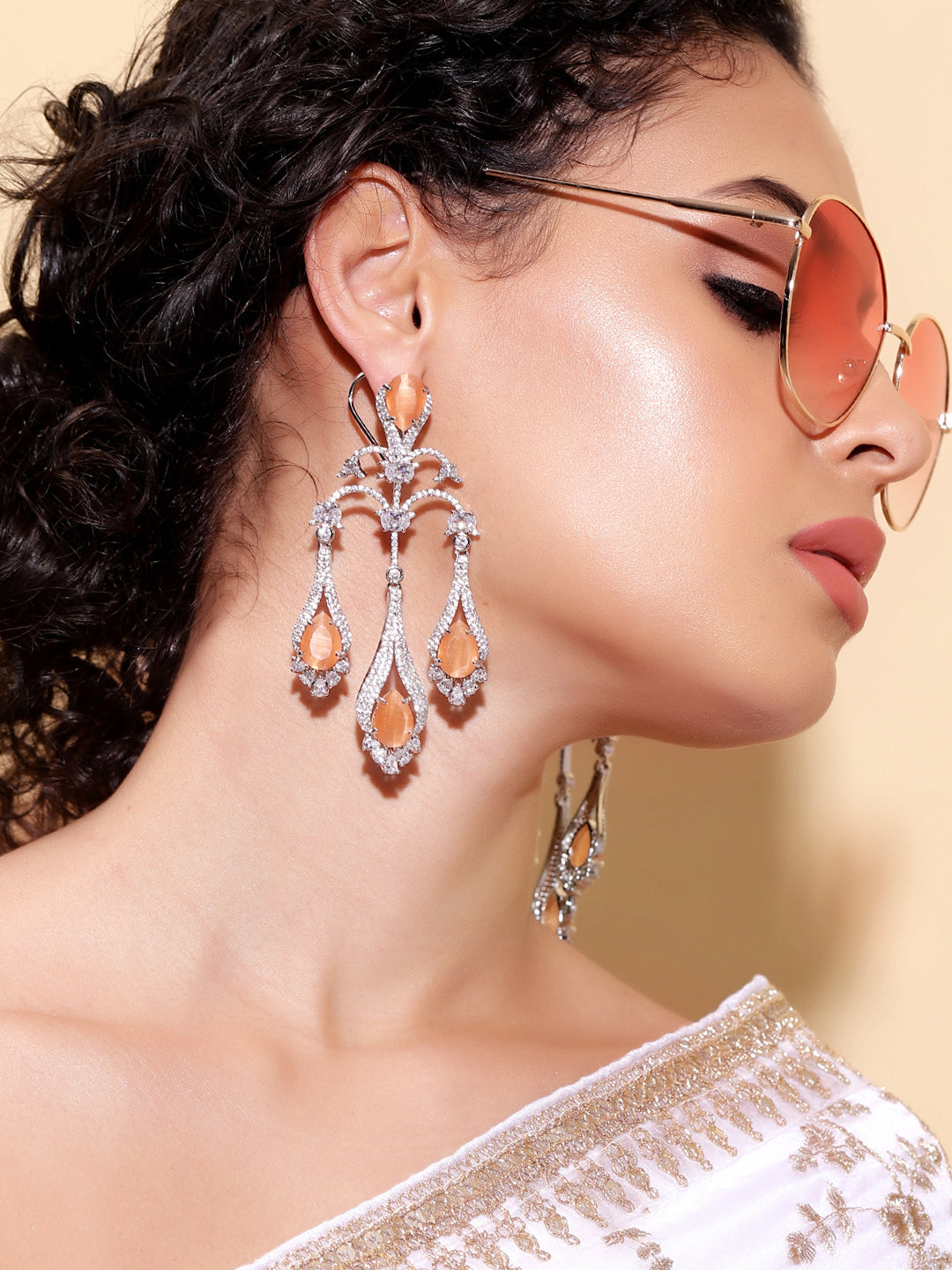 Ishin Orange  Colour Silver Plated AD Drop Earring