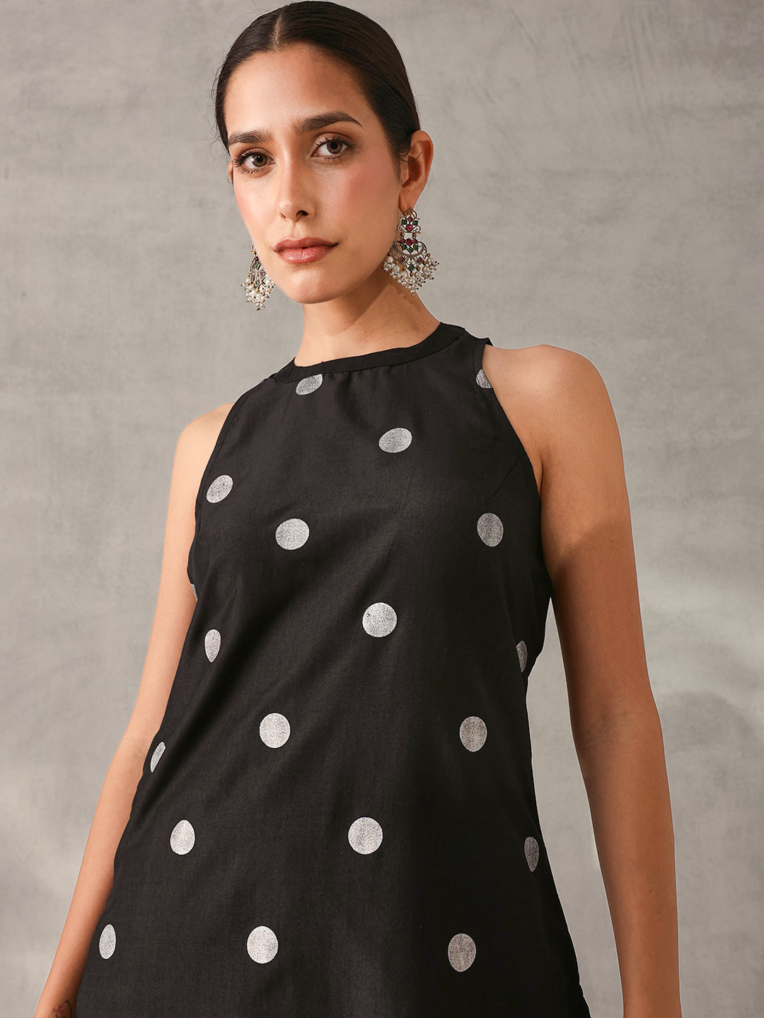 Soft Black Chinon Foil Printed Straight Fit Kurta Set