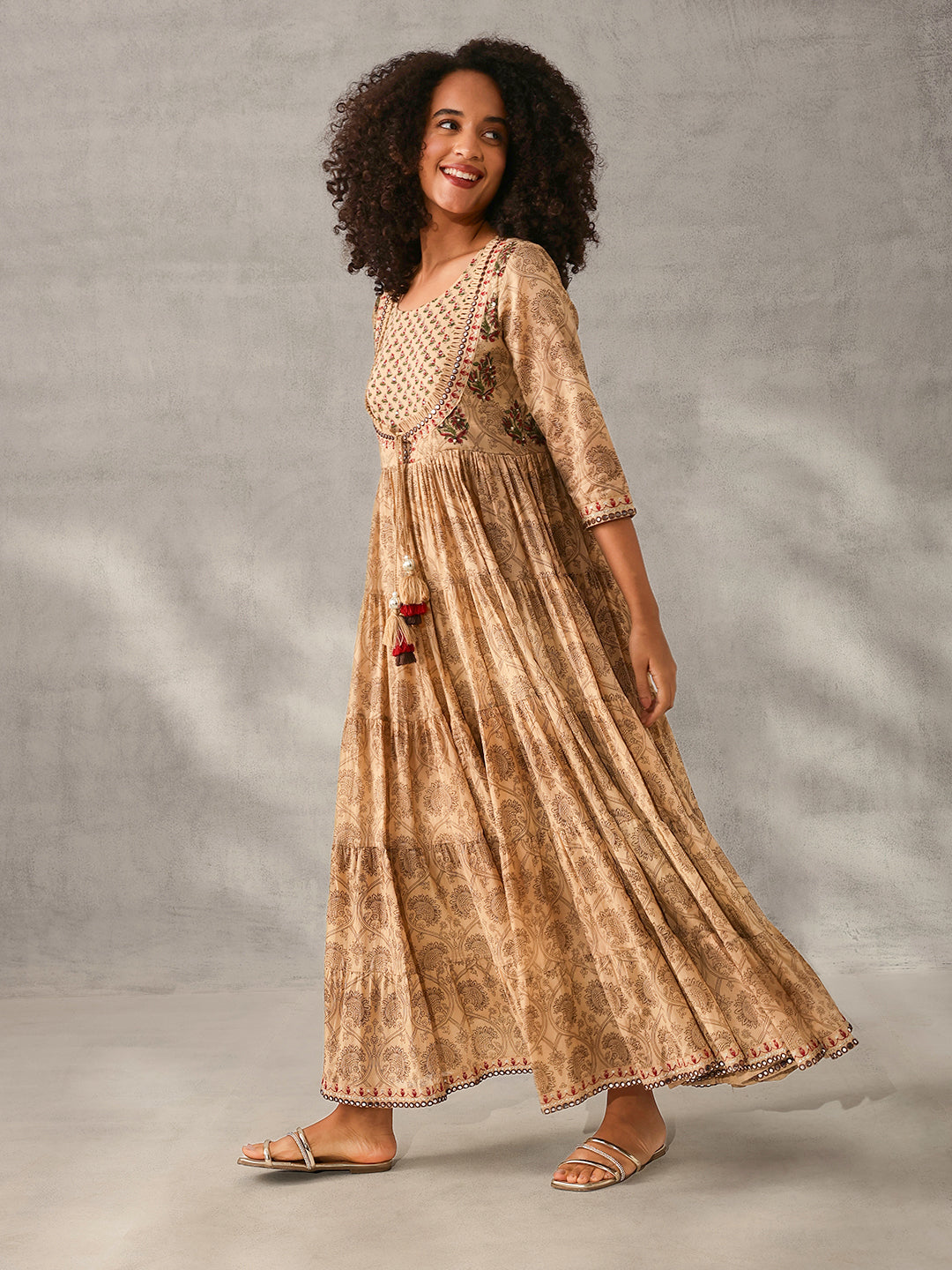 Graceful brown Cotton Printed with Embroidered Fit & Flare Gown 