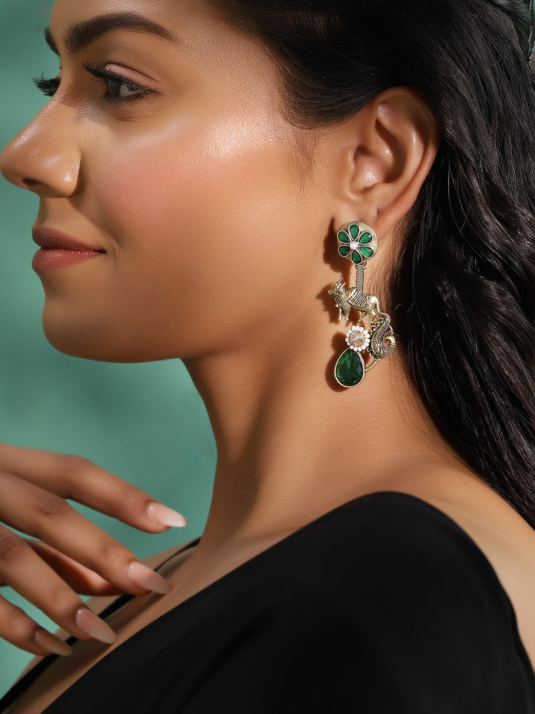 Ishin Green Colour Silver Plated Emerald Drop Earring