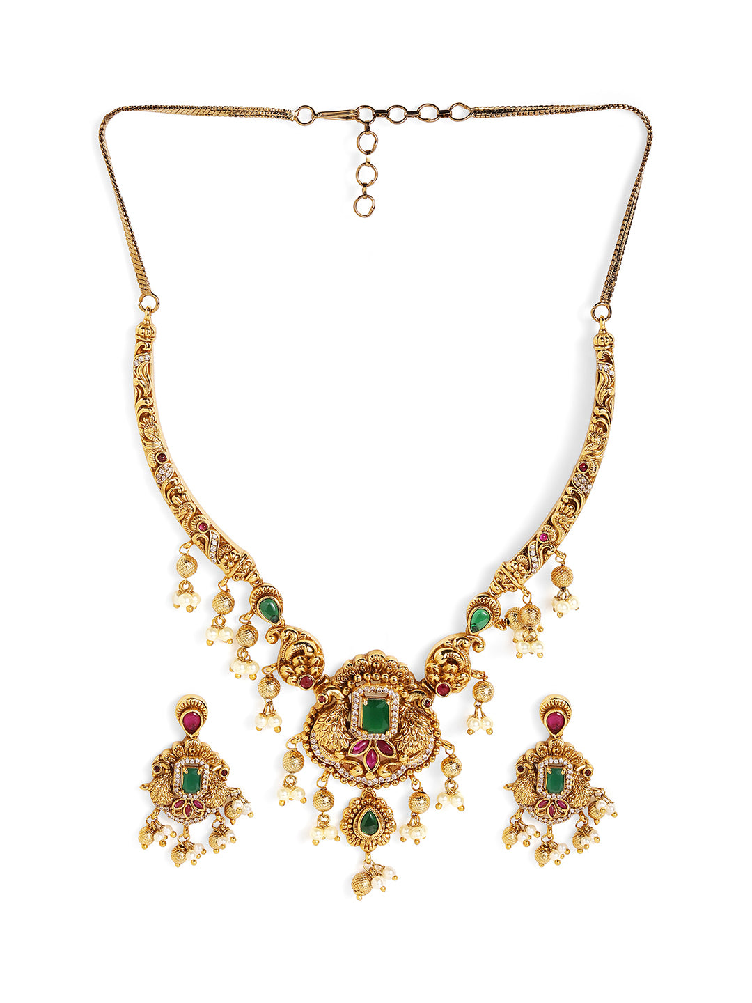 Ishin Goddess Floral Style AD Gold Plated Choker Necklace and Drop Earrings Jewellery Set