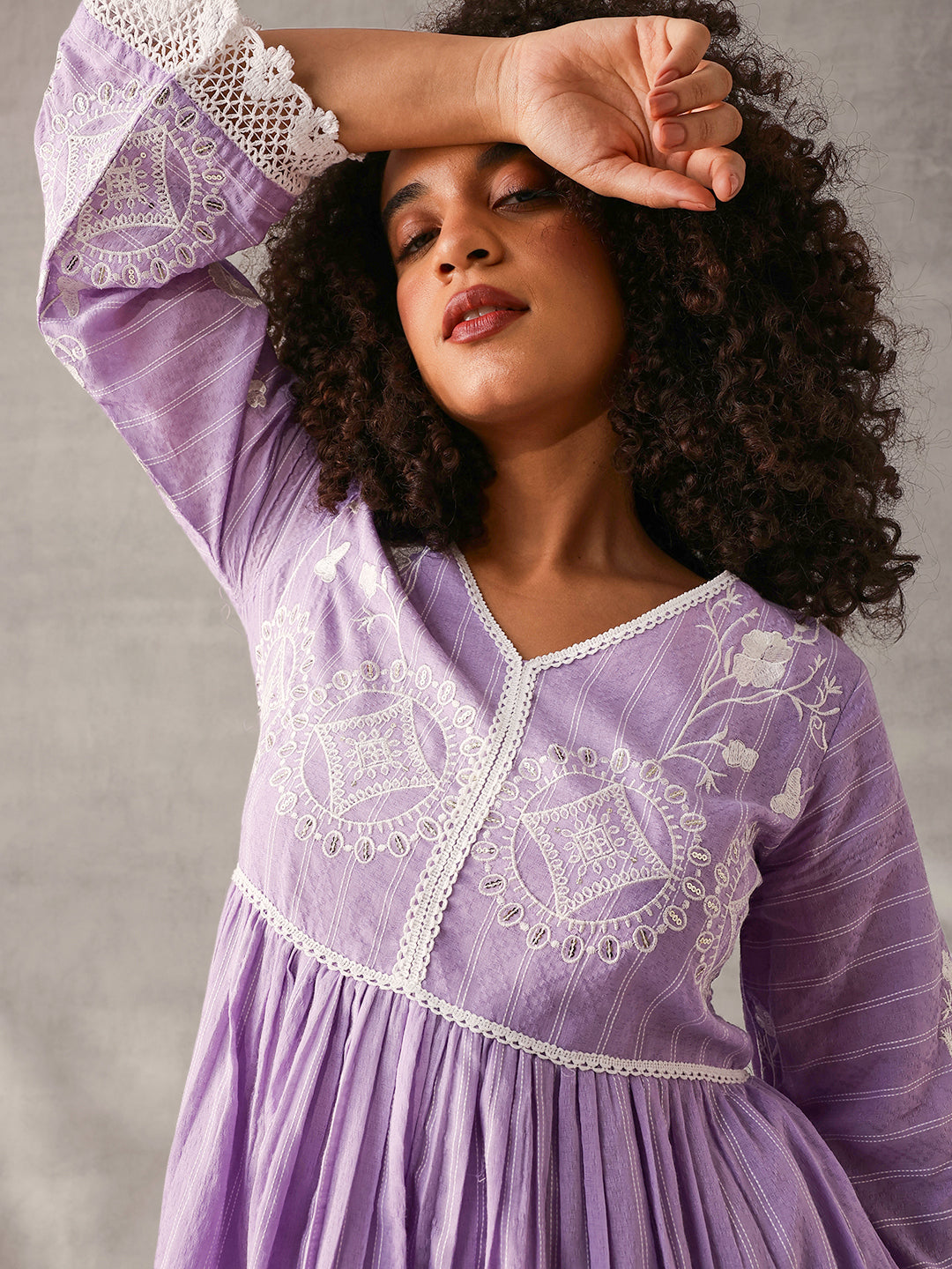 Comfy Lavender Cotton Embroidered Fit & Flare Dress