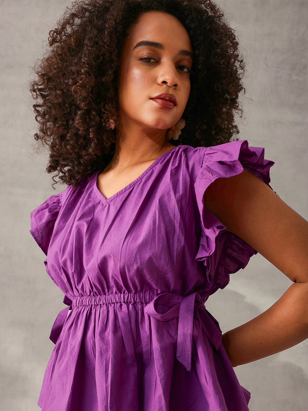 Comfy Purple Cotton Linen Solid Regular Fit Top