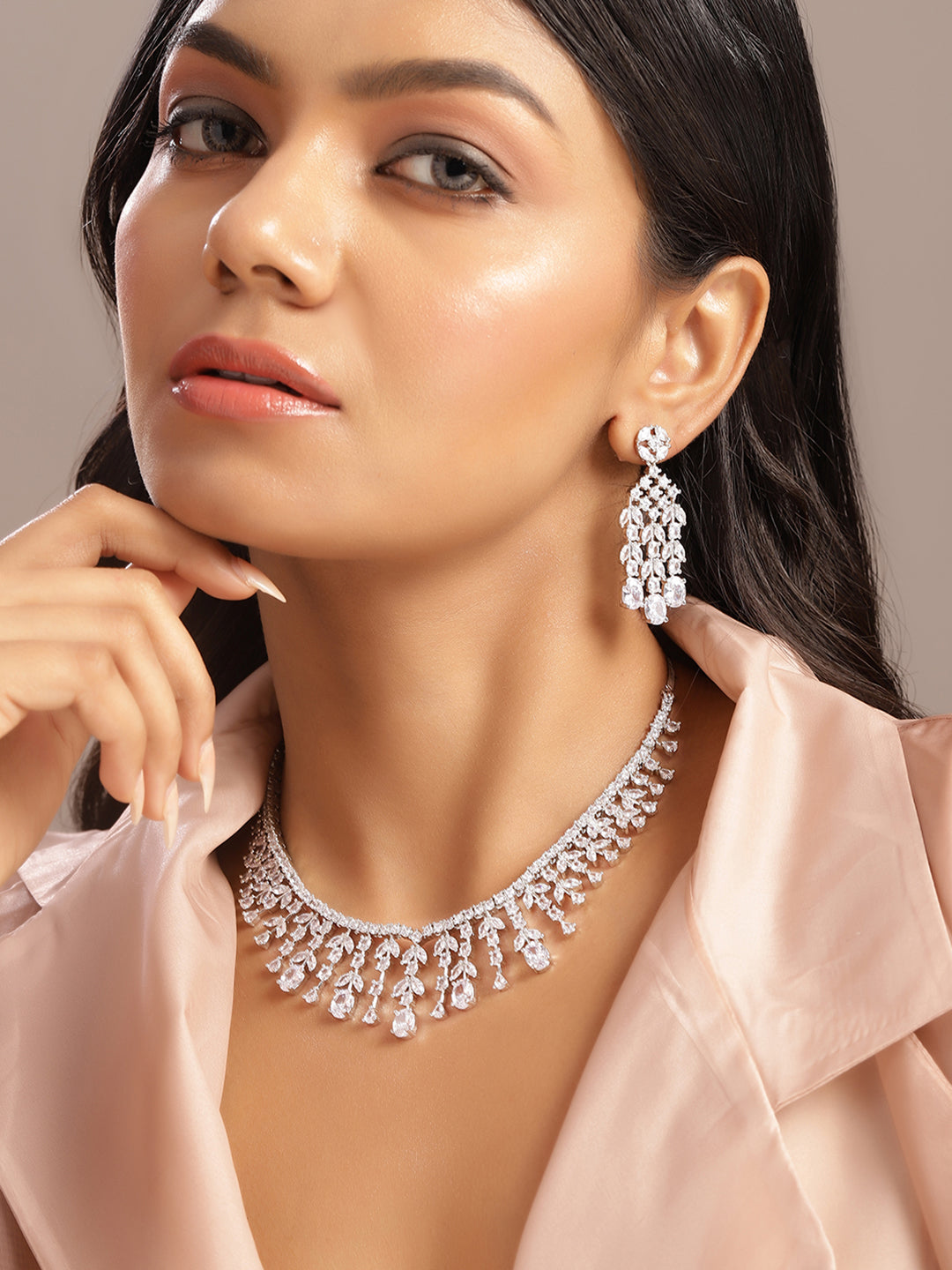 Ishin White Colour Silver Plated American Diamond Jewellery Set