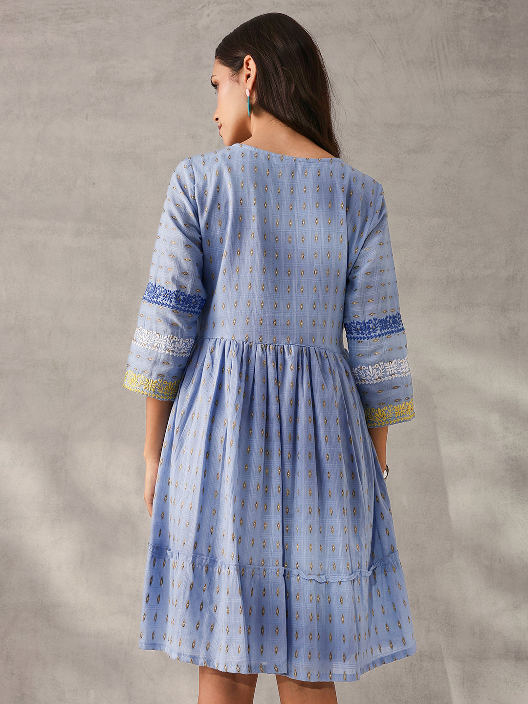 Comfy blue Cotton Dobby Embroidered Regular Fit Dress