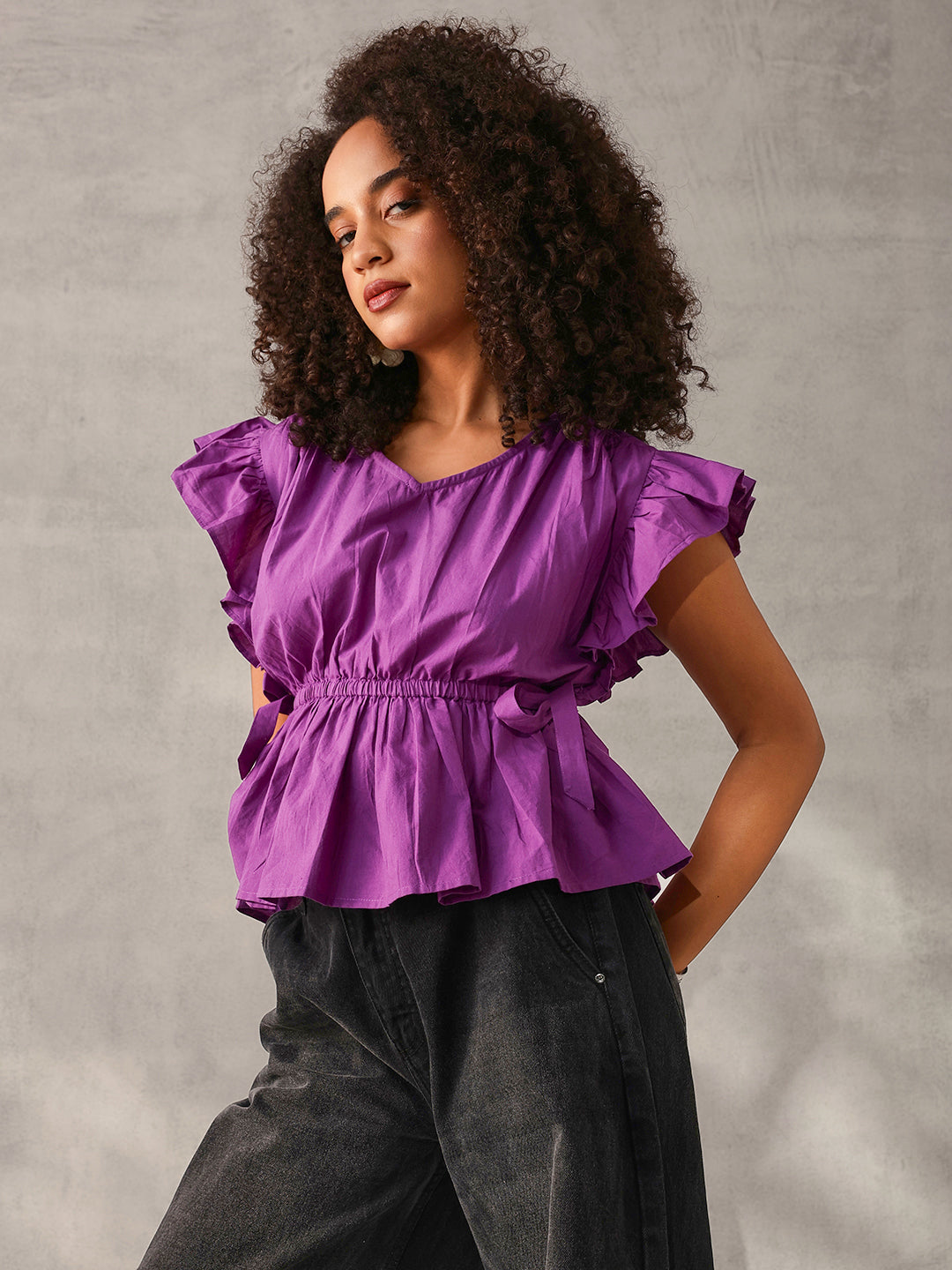 Comfy Purple Cotton Linen Solid Regular Fit Top