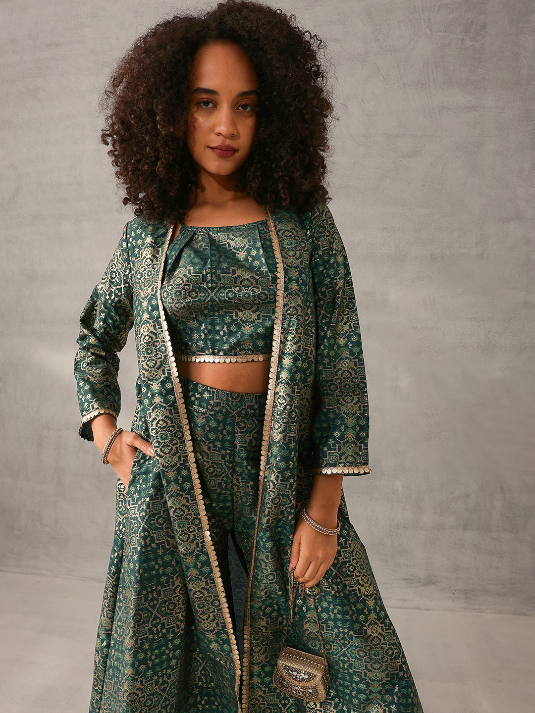 Rich Green Chinon Foil Printed Regular Fit Co-ords with Palazzo Bottom