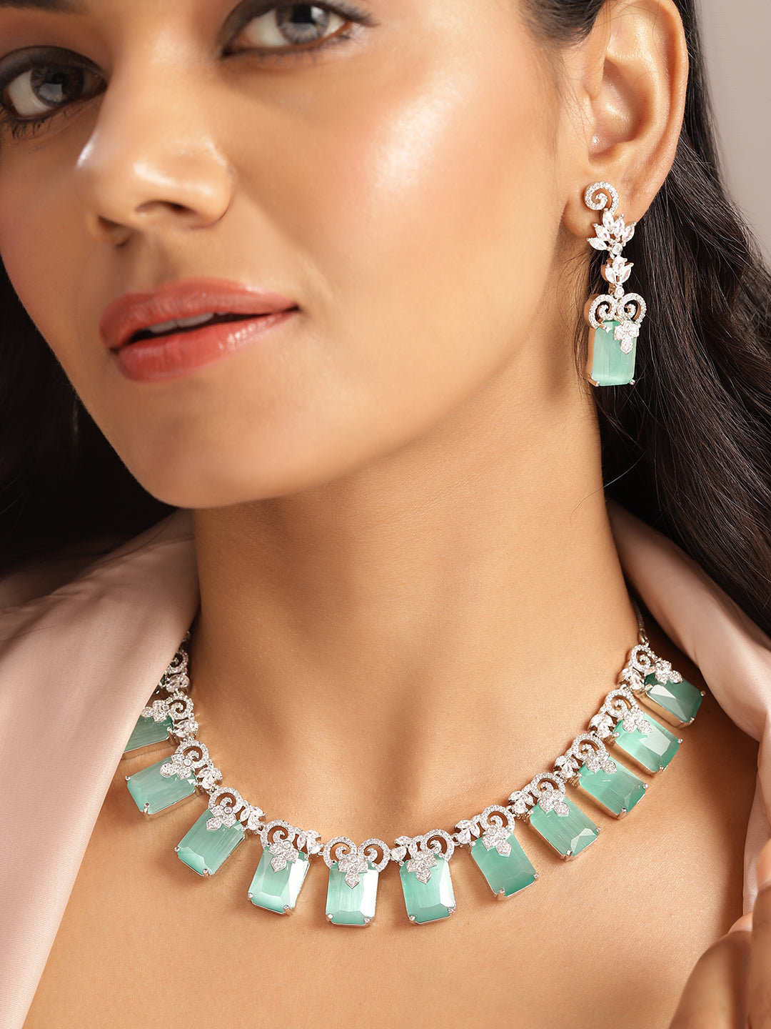 Ishin Aqua Colour Silver Plated American Diamond Jewellery Set