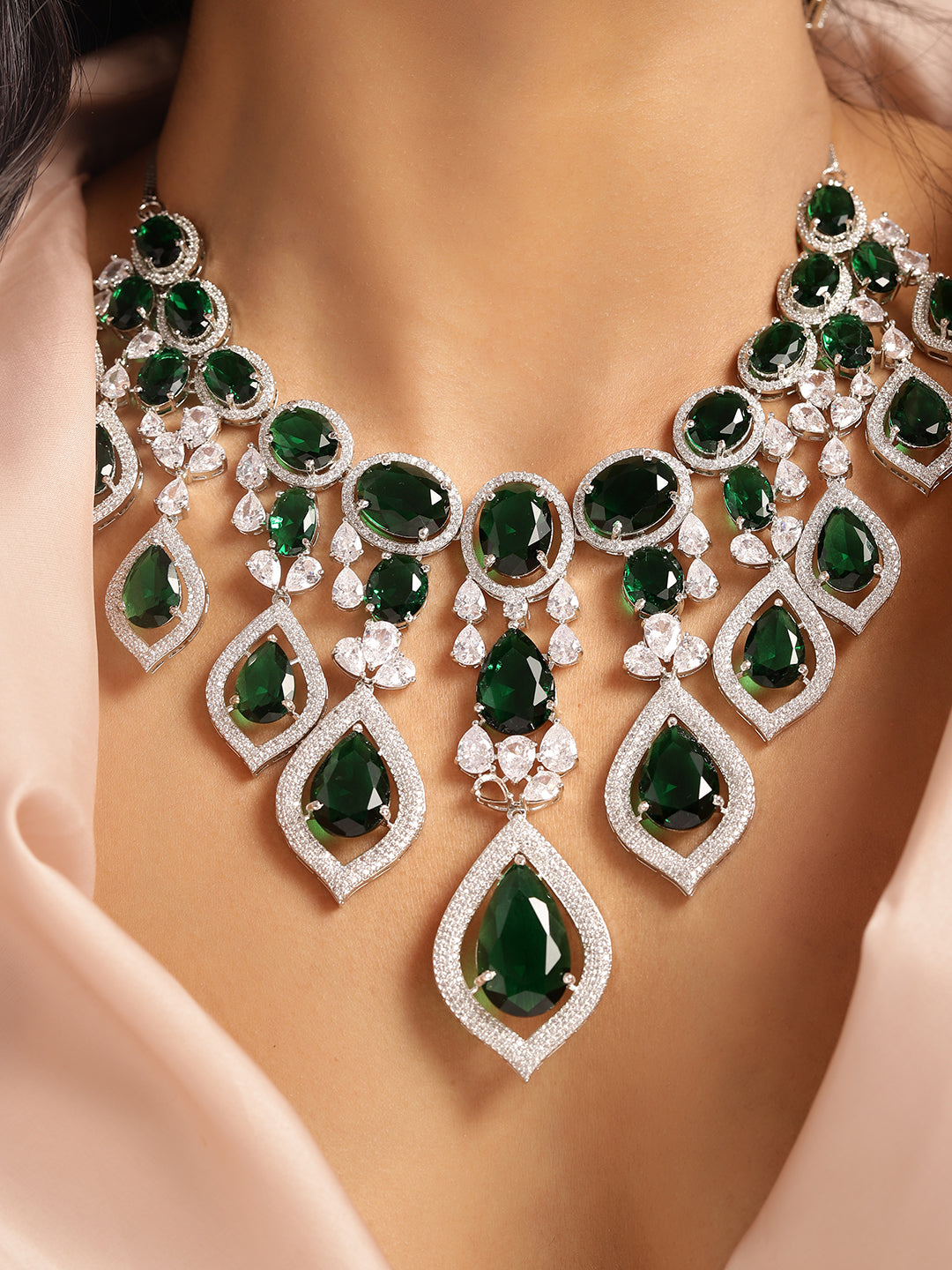 Ishin Green Colour Silver plated American Diamond Jewellery set