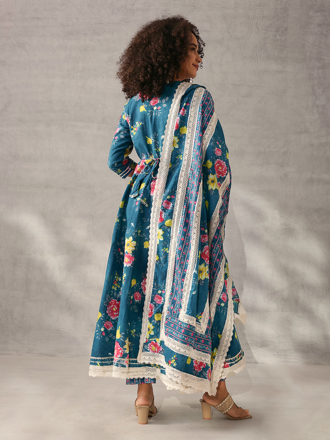 Graceful Teal Cotton Floral Printed Angrakha fit Kurta Set with Dupatta