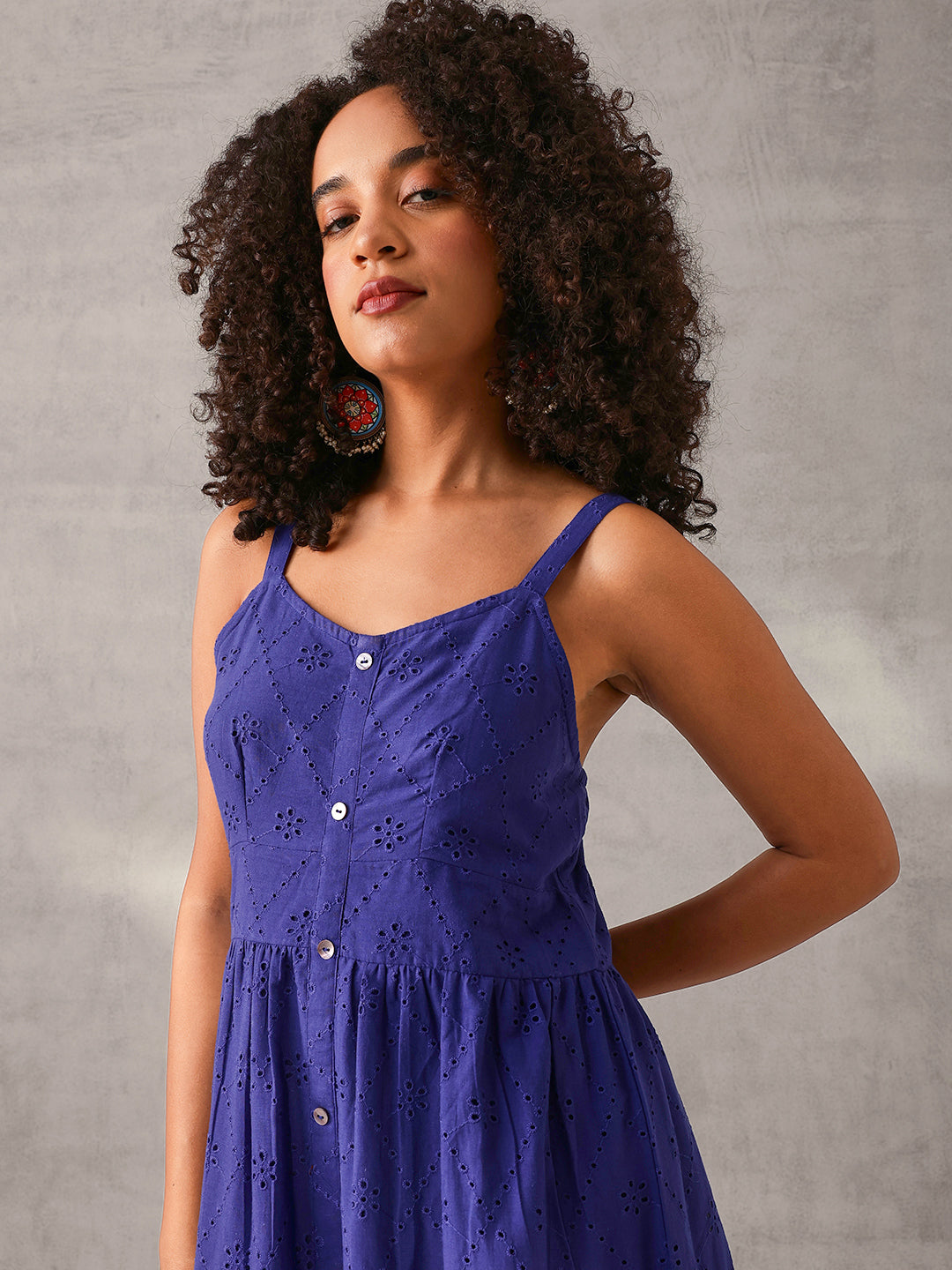 Comfy Blue Cotton Schiffli Tiered fit Dress