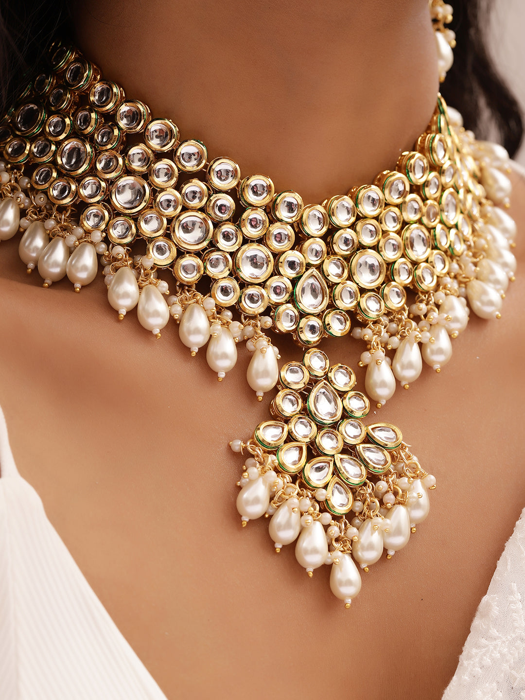 Ishin White Colour Gold plated Kundan Jewellery set