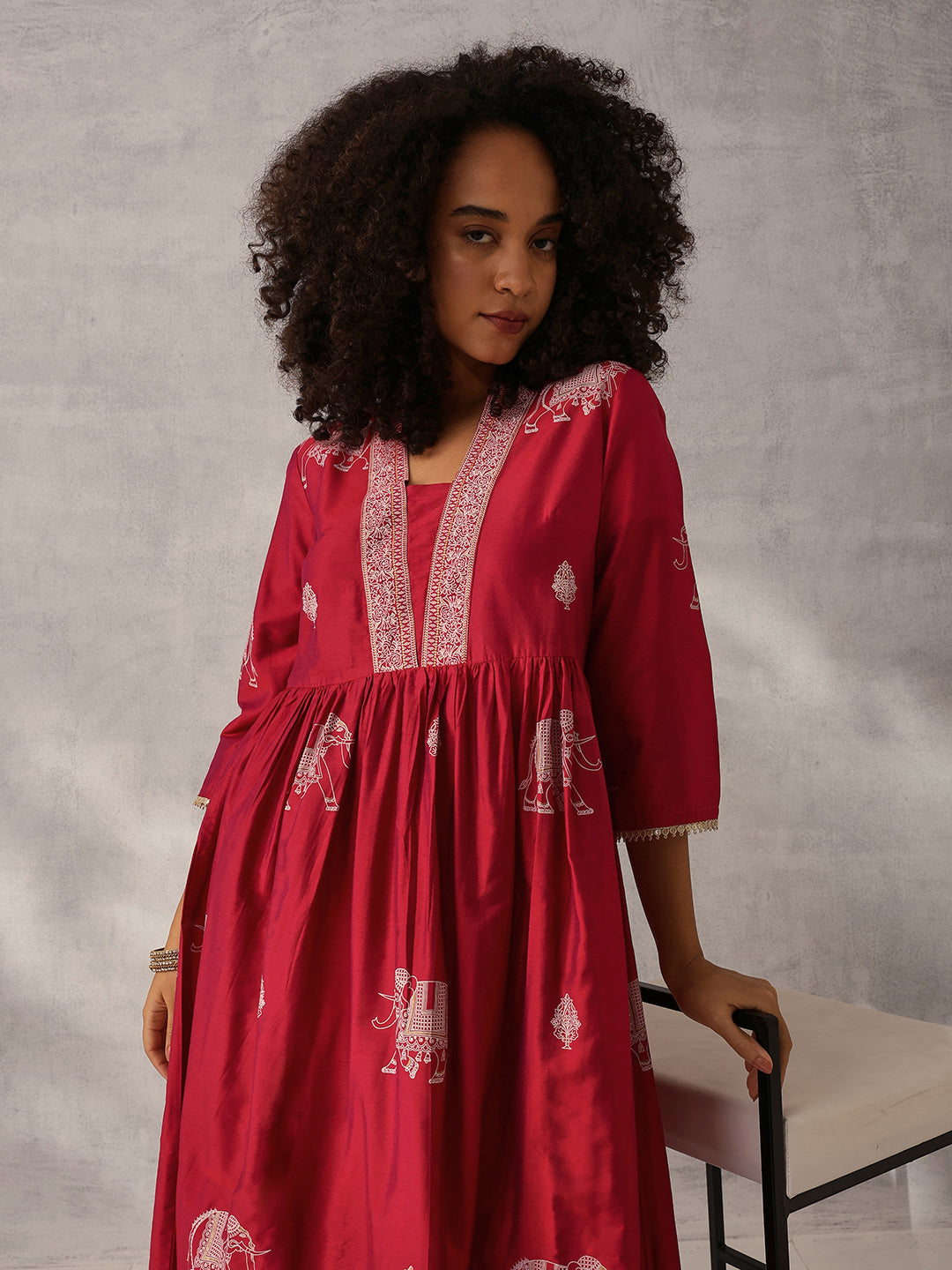 Soft Maroon Polystyrene Foil Printed Anarkali Kurta Set with Bottom