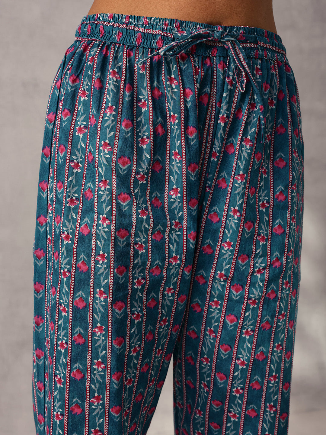 Graceful Teal Cotton Floral Printed Angrakha fit Kurta Set with Dupatta