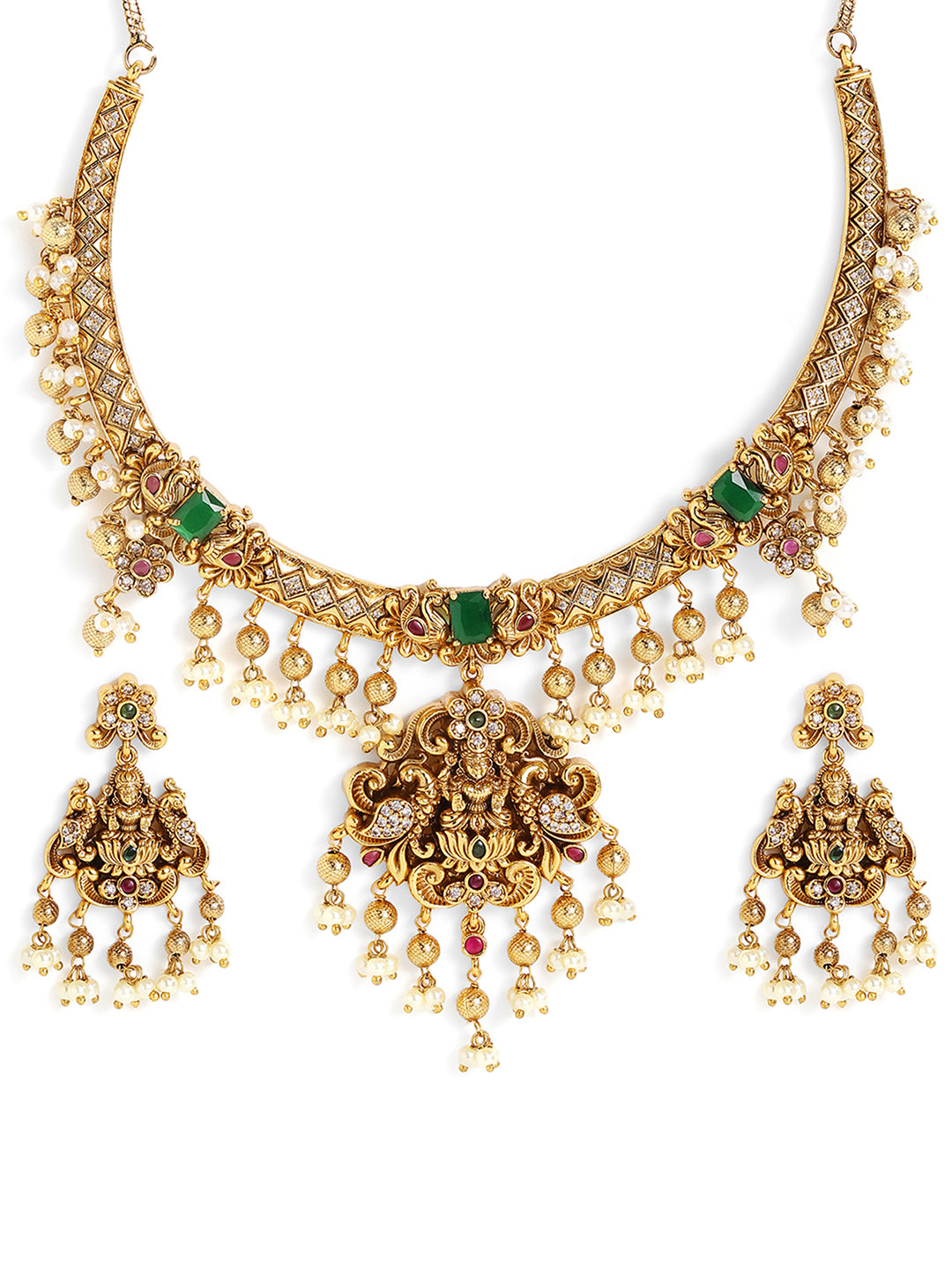 Green Stoned Goddess Pattern Pearl Beads Gold Plated Necklace and Drop Earrings Jewellery Set