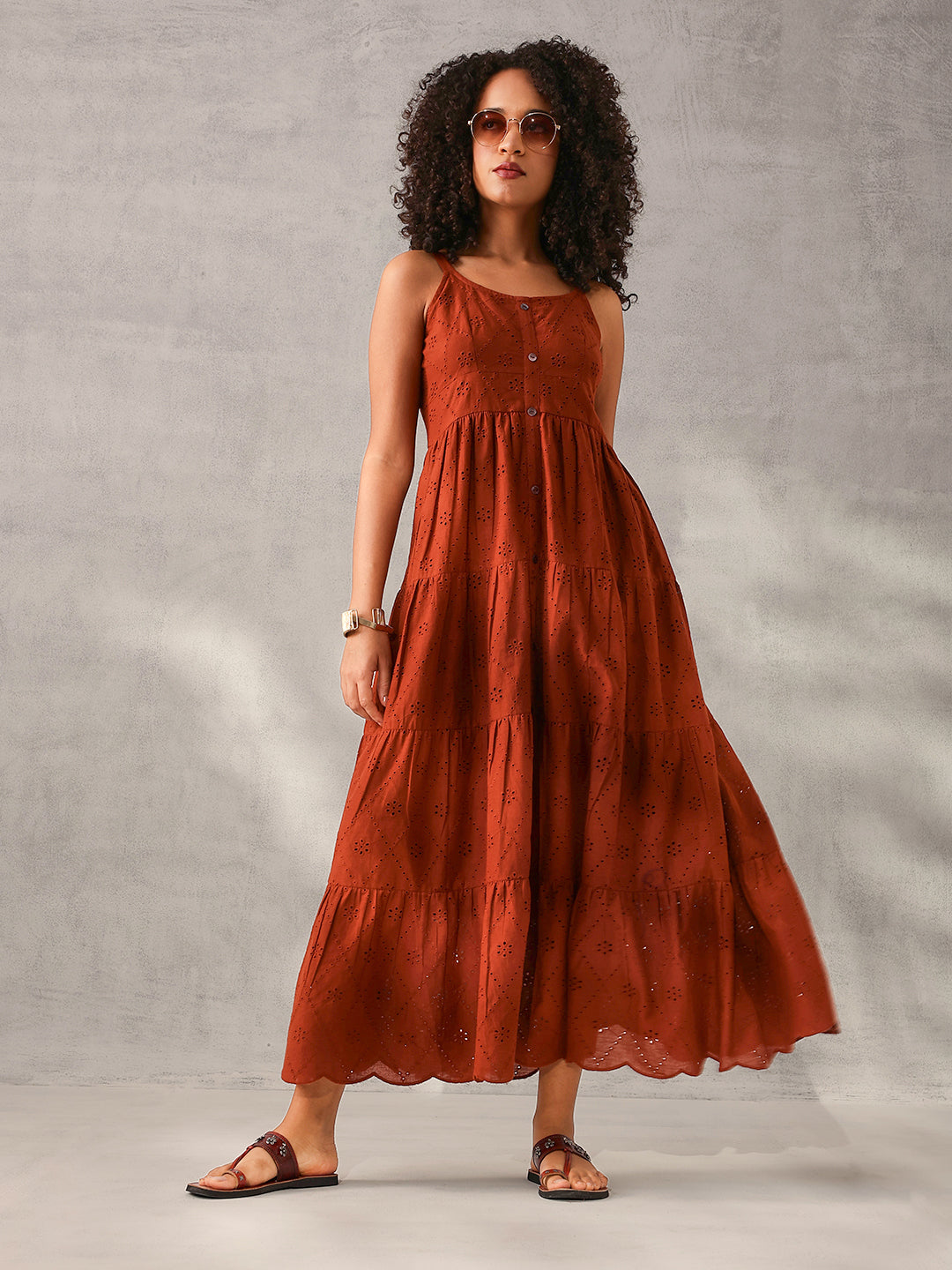 Comfy Rust Cotton Schiffli Tiered fit Dress