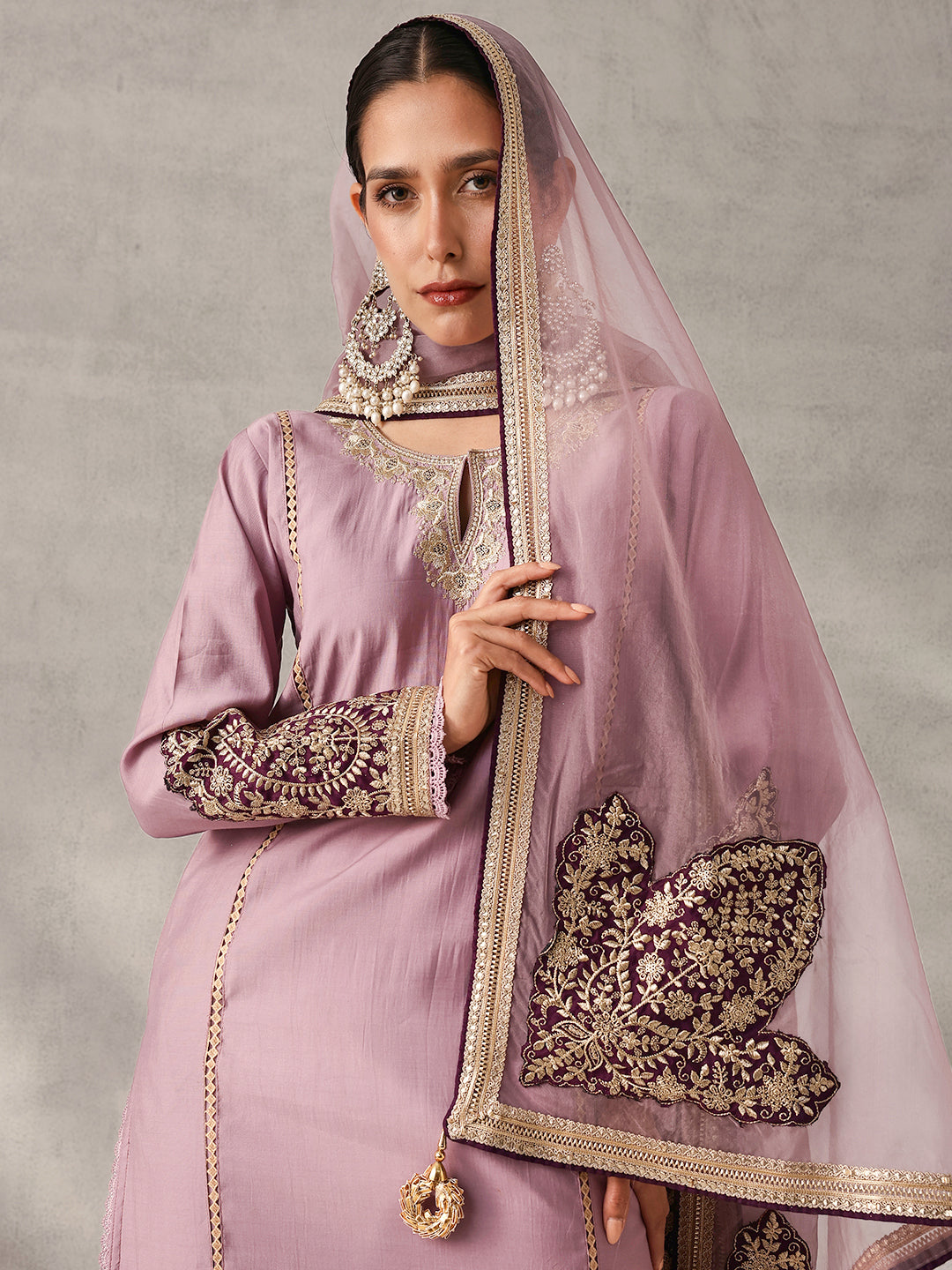 Rich Lilac Roman Silk Zari Embroidered Straight Fit Kurta Set with Dupatta