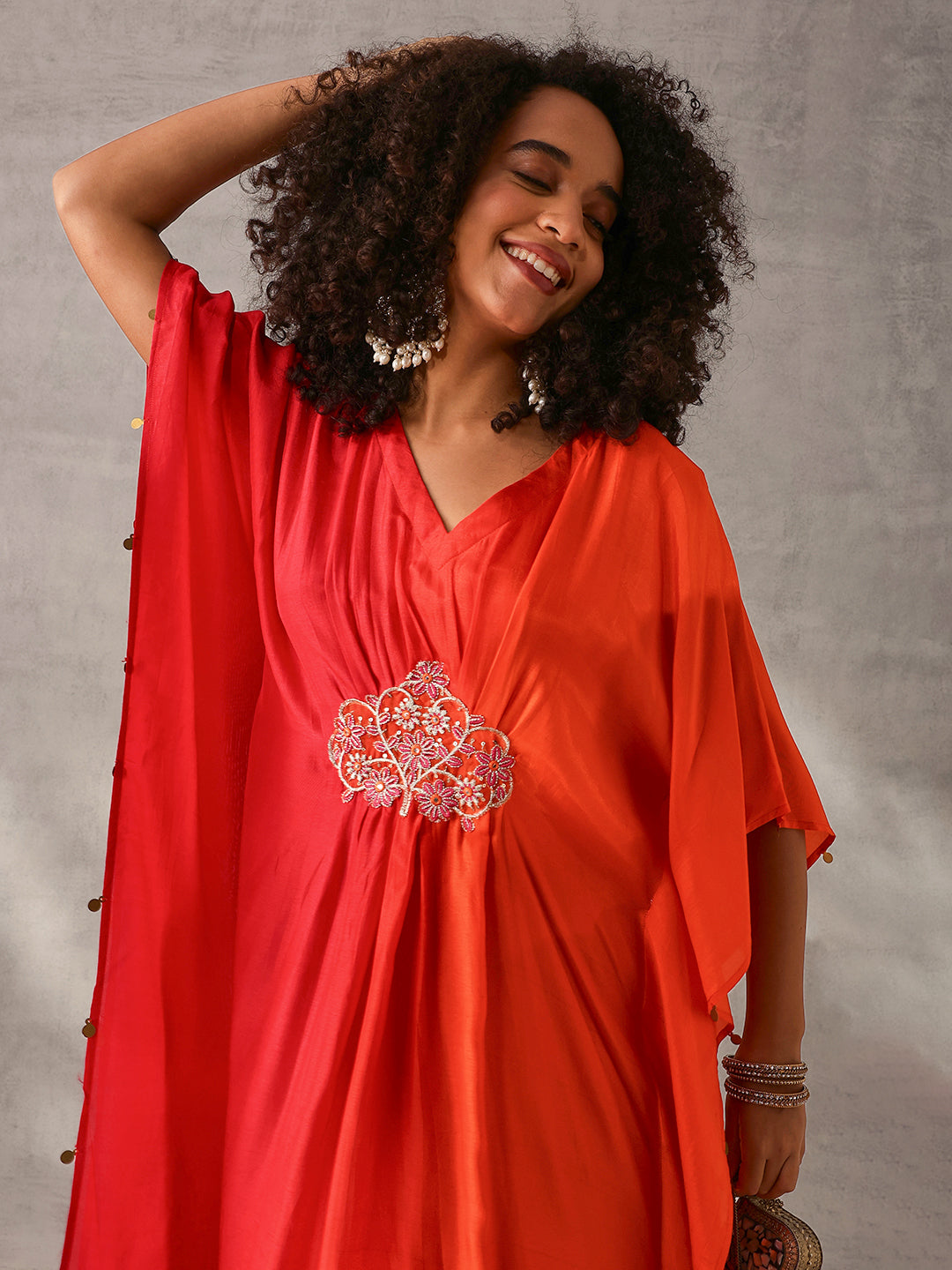 Rich Pink Silk Blend Ombre with Embroidered Kaftan