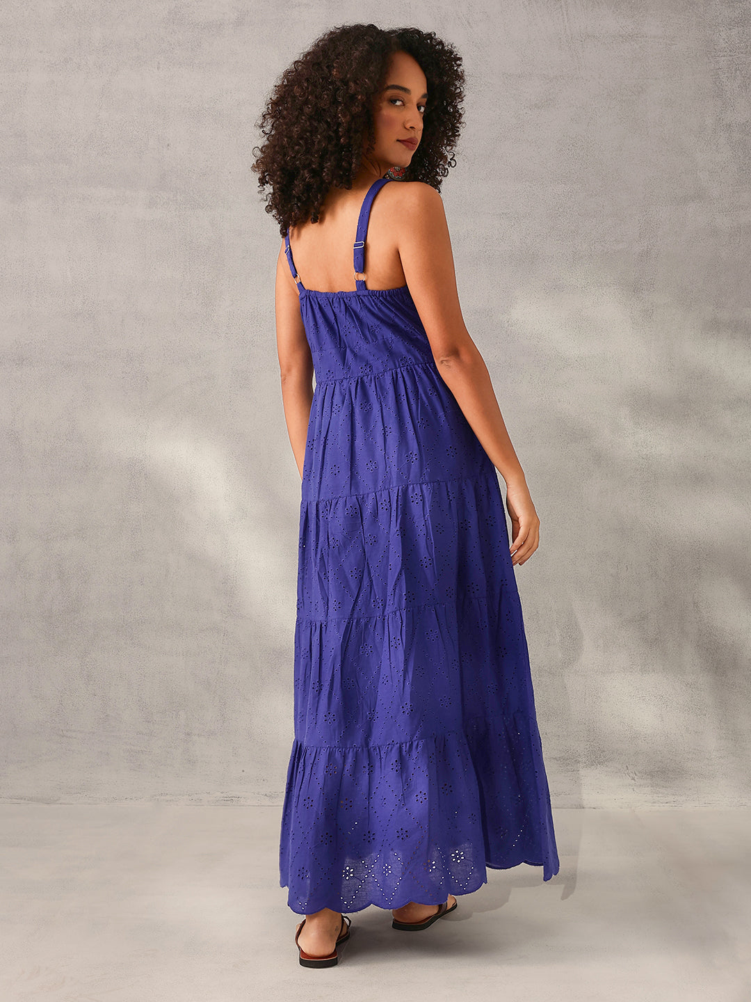 Comfy Blue Cotton Schiffli Tiered fit Dress