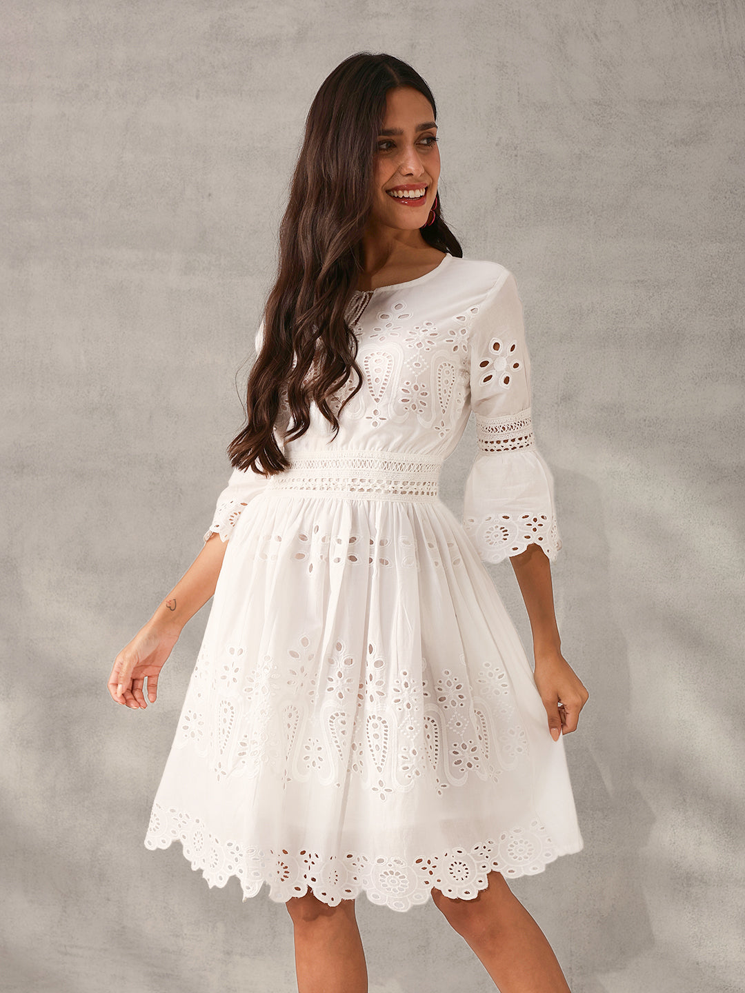 Comfy White Cotton Schiffli Regular Fit Dress